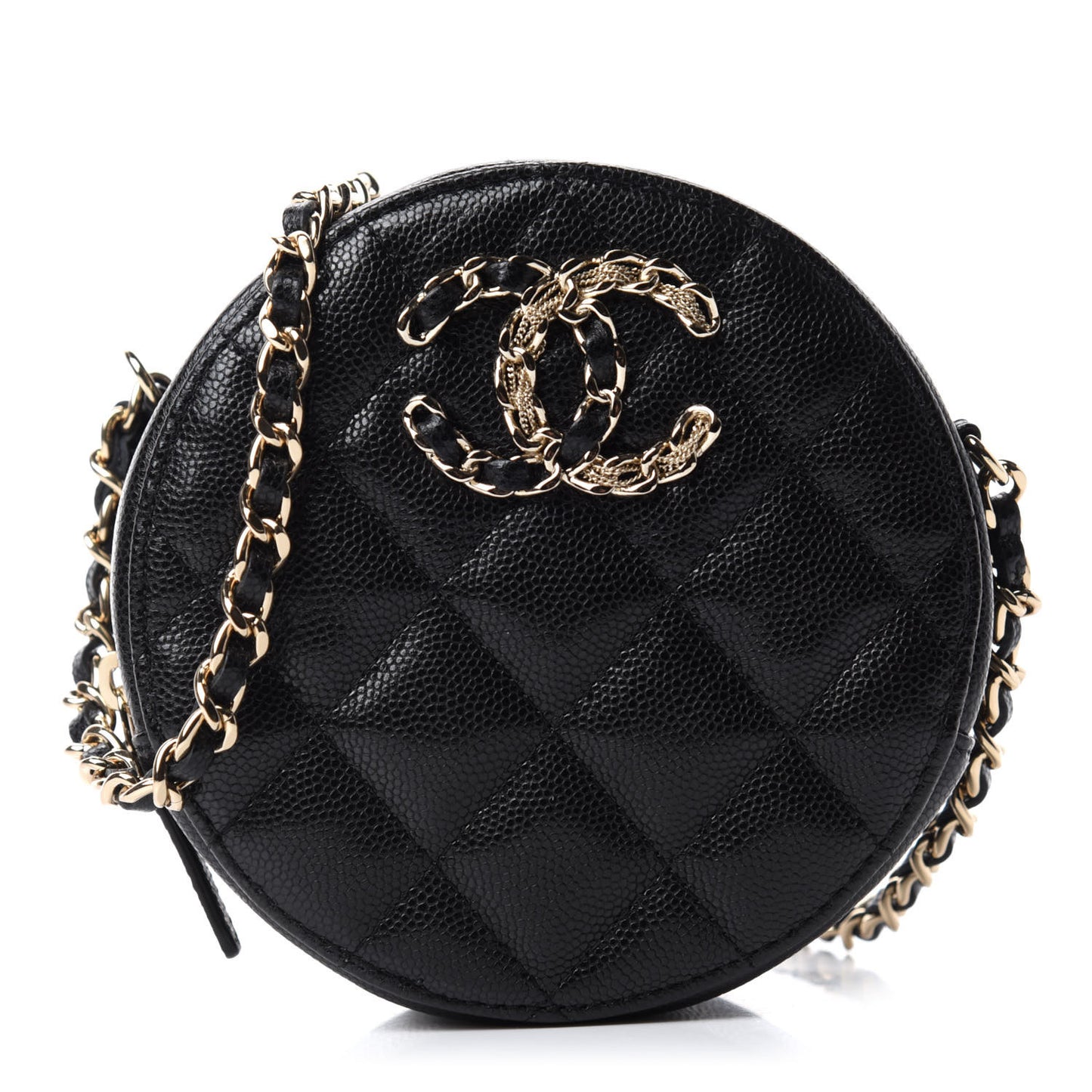 Caviar Quilted French New Wave Round Clutch With Chain Black
