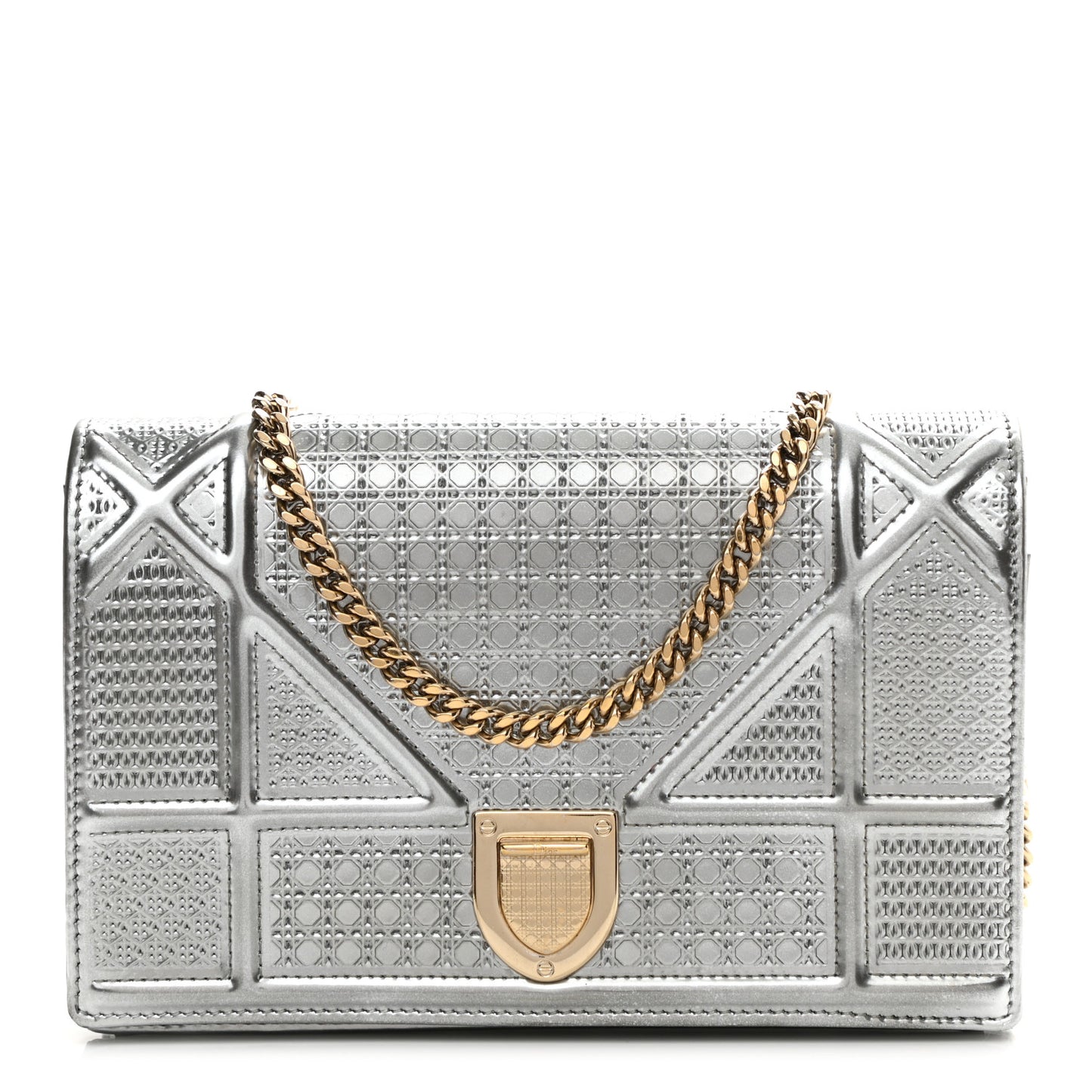 Metallic Patent Micro-Cannage Diorama Wallet on Chain Pouch Silver