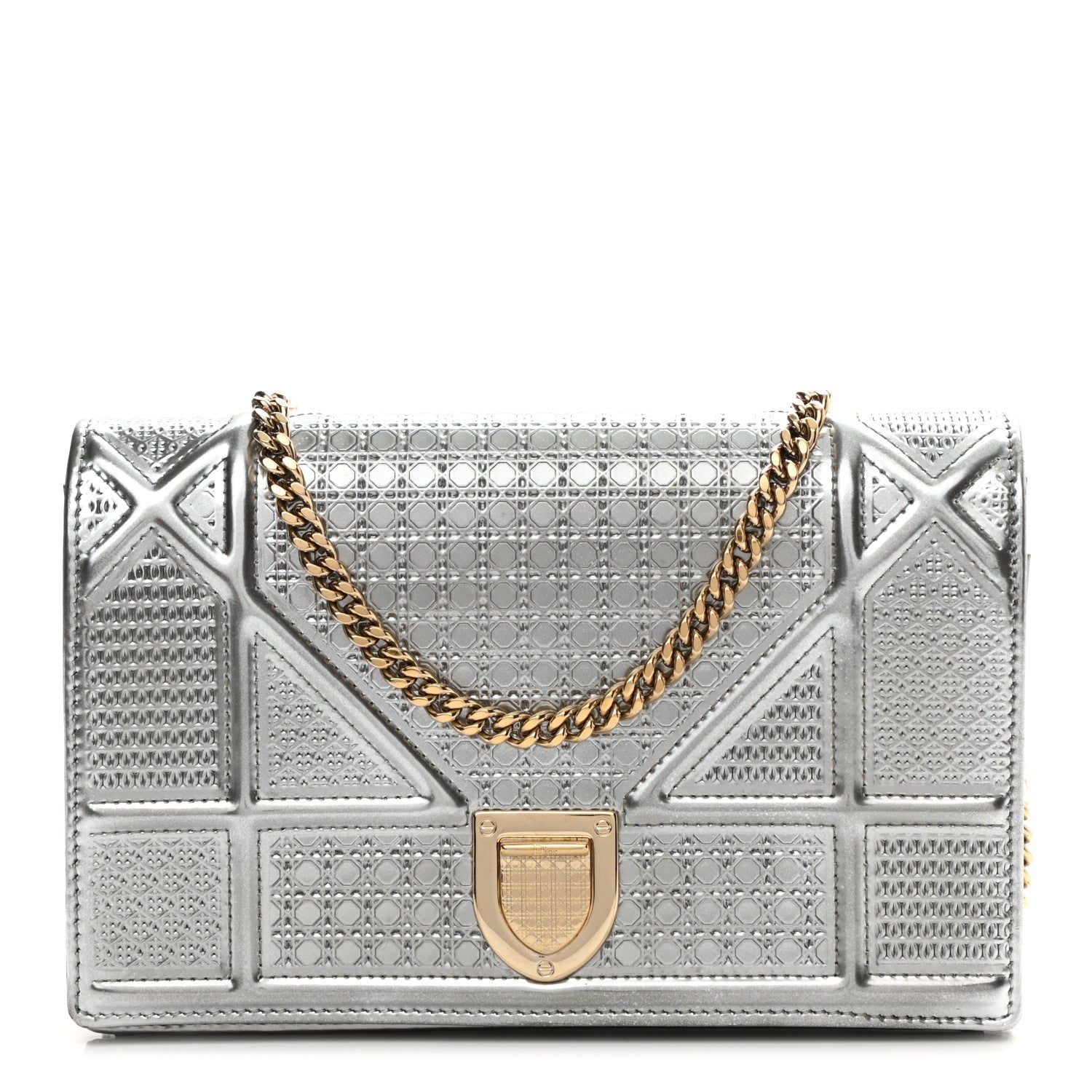 Christian Dior Metallic Patent Micro-Cannage Diorama Wallet on Chain Pouch Silver 1 of 11