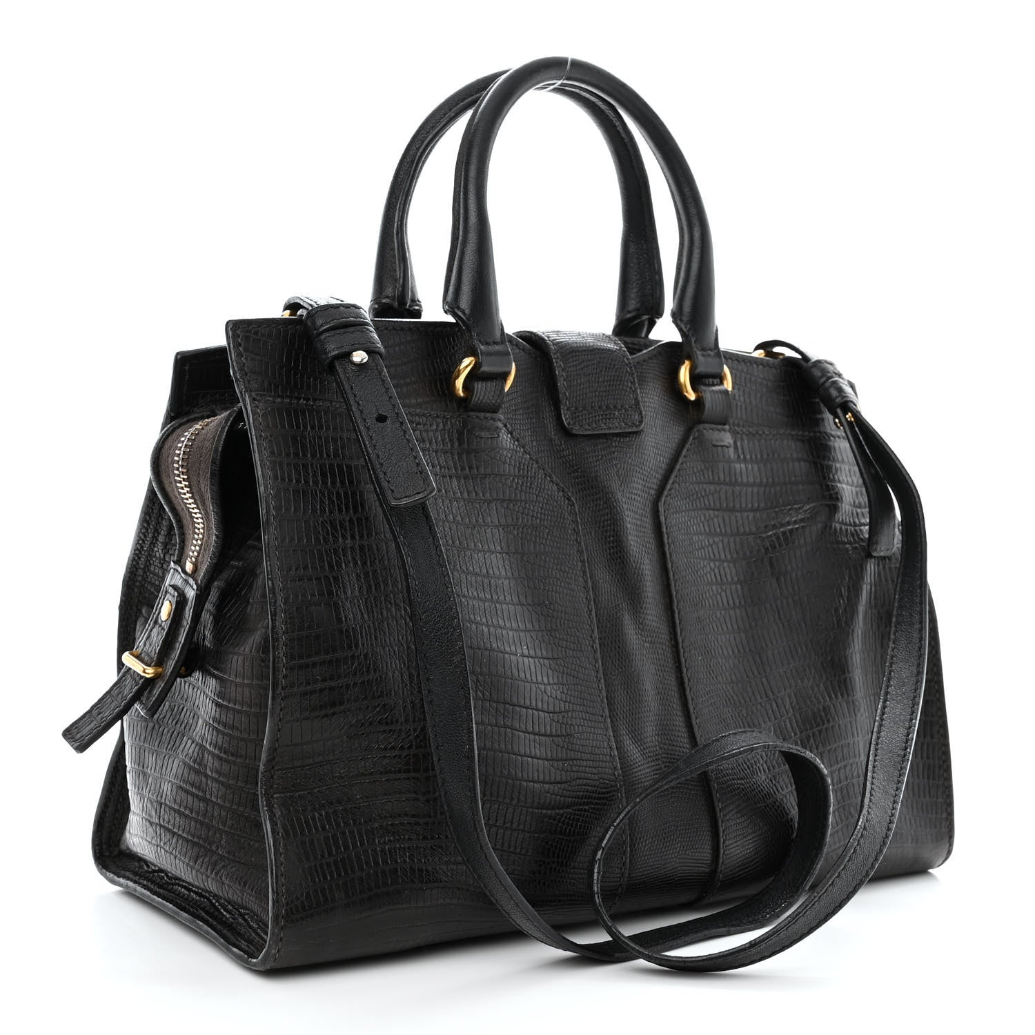 Saint Laurent Calfskin Lizard Embossed Small Cabas ChYc Black 3 of 15