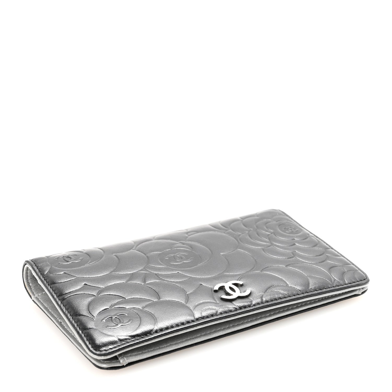 Chanel Lambskin Camellia Embossed Yen Wallet Black 4 of 7