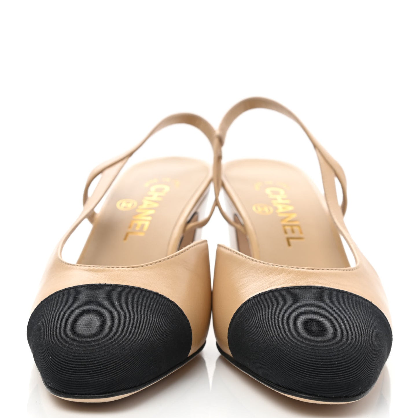 Goatskin Grosgrain Cap Toe CC Slingback Pumps 37 Beige Black