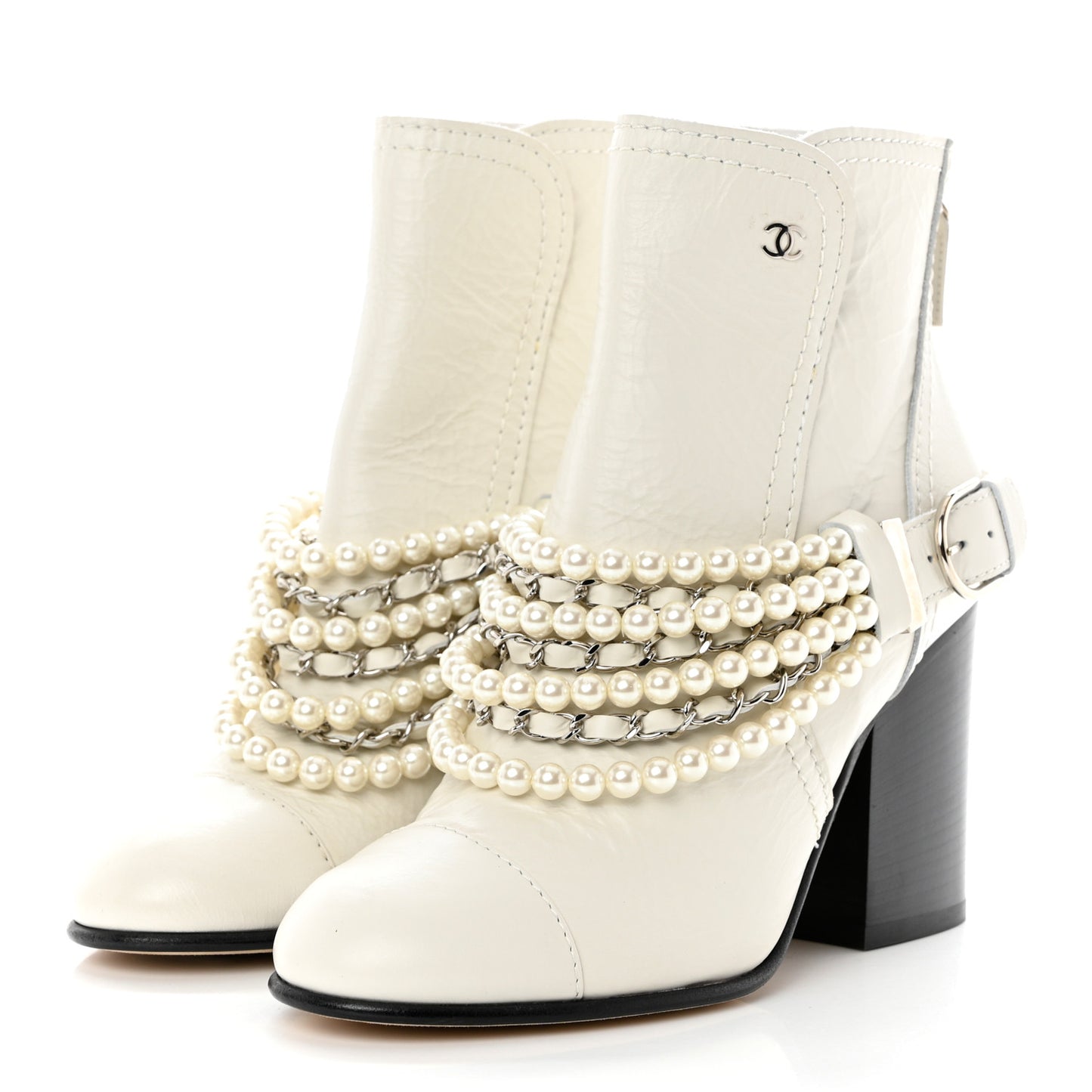 Crackled Calfskin Pearl Chain CC Short Boots 36 White