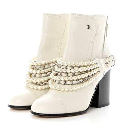 Chanel Crackled Calfskin Pearl Chain CC Short Boots 36 White 4 of 8
