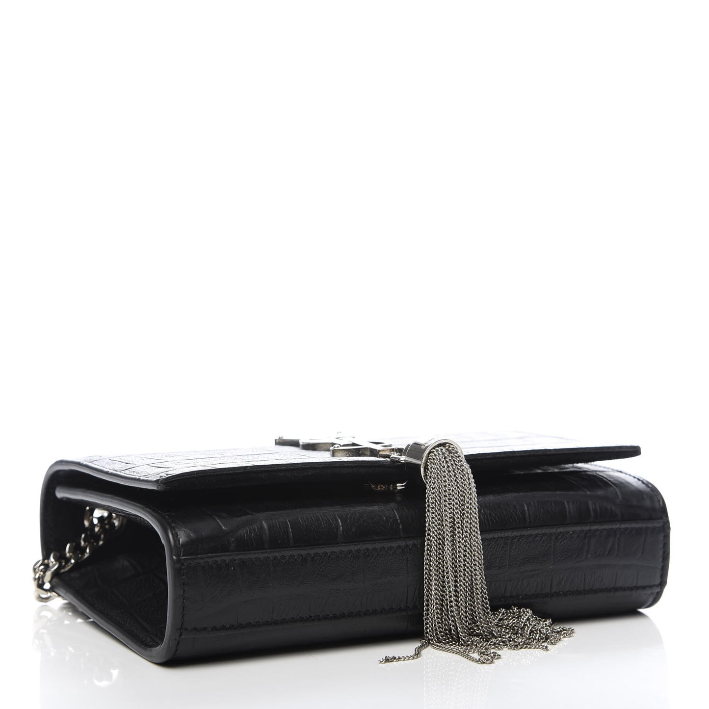 Calfskin Crocodile Embossed Monogram Small Kate Tassel Satchel Black
