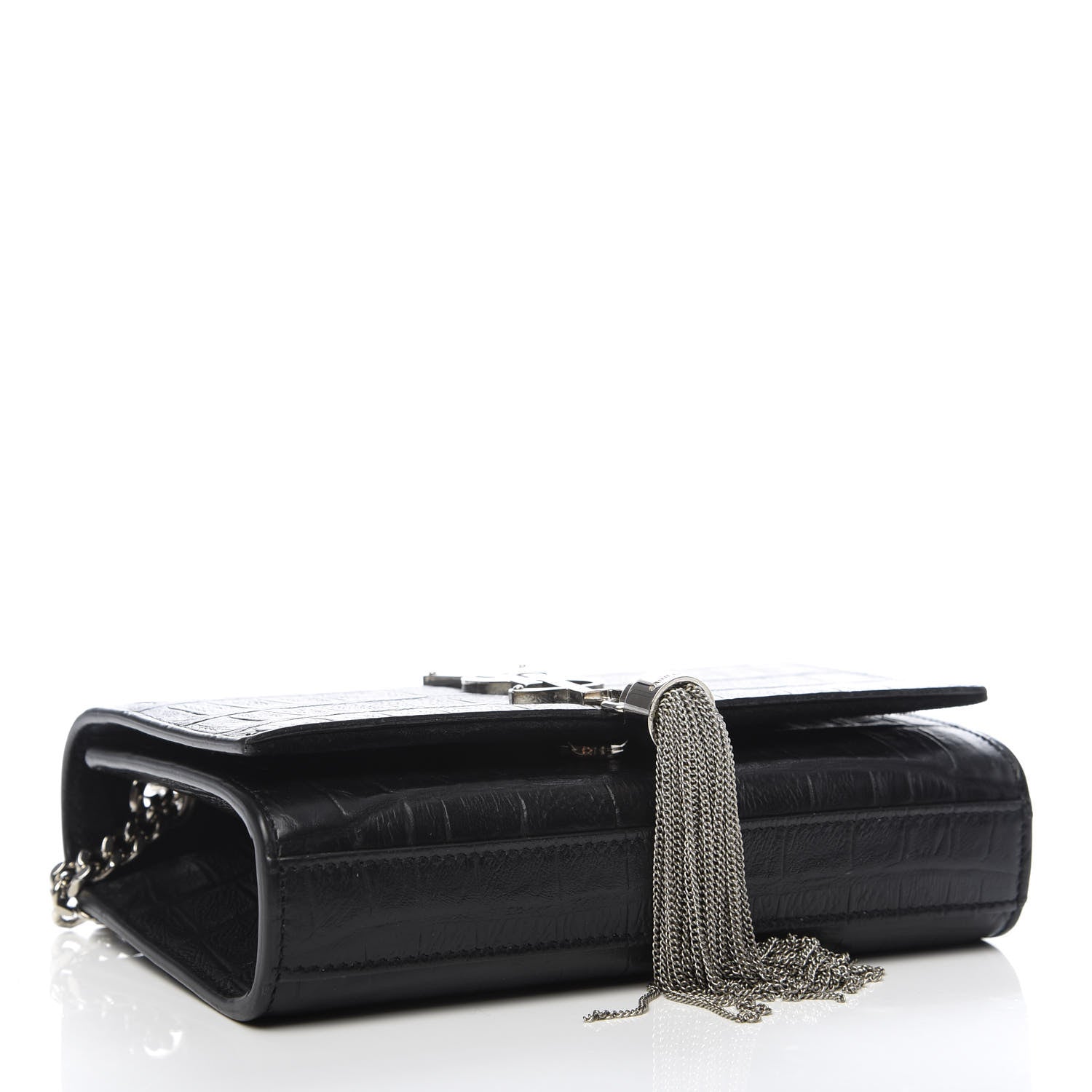 Saint Laurent Calfskin Crocodile Embossed Monogram Small Kate Tassel Satchel Black 3 of 8