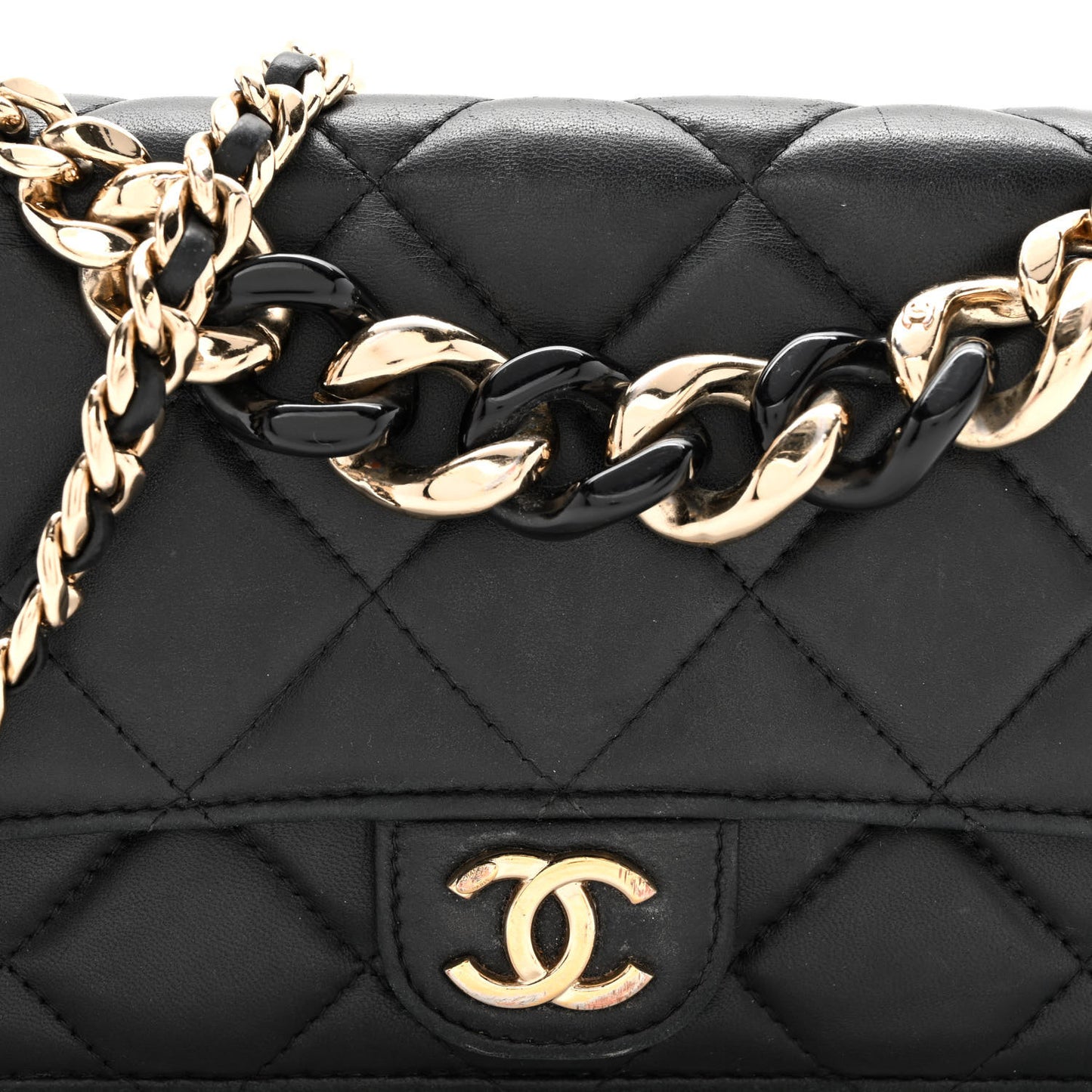 Lambskin Resin Bi-Color Quilted Wallet On Chain WOC Black