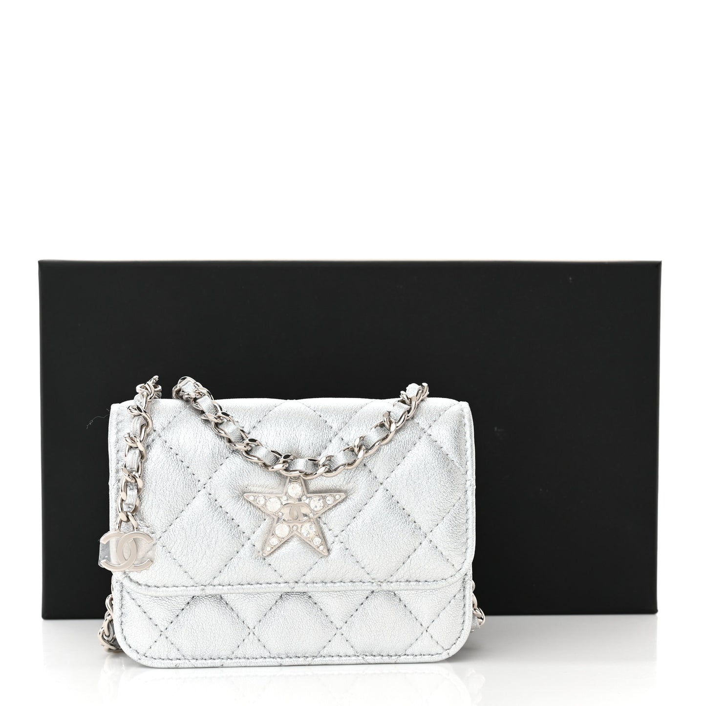 Metallic Goatskin Quilted Crystal CC Walk Of Fame Clutch With Chain Silver