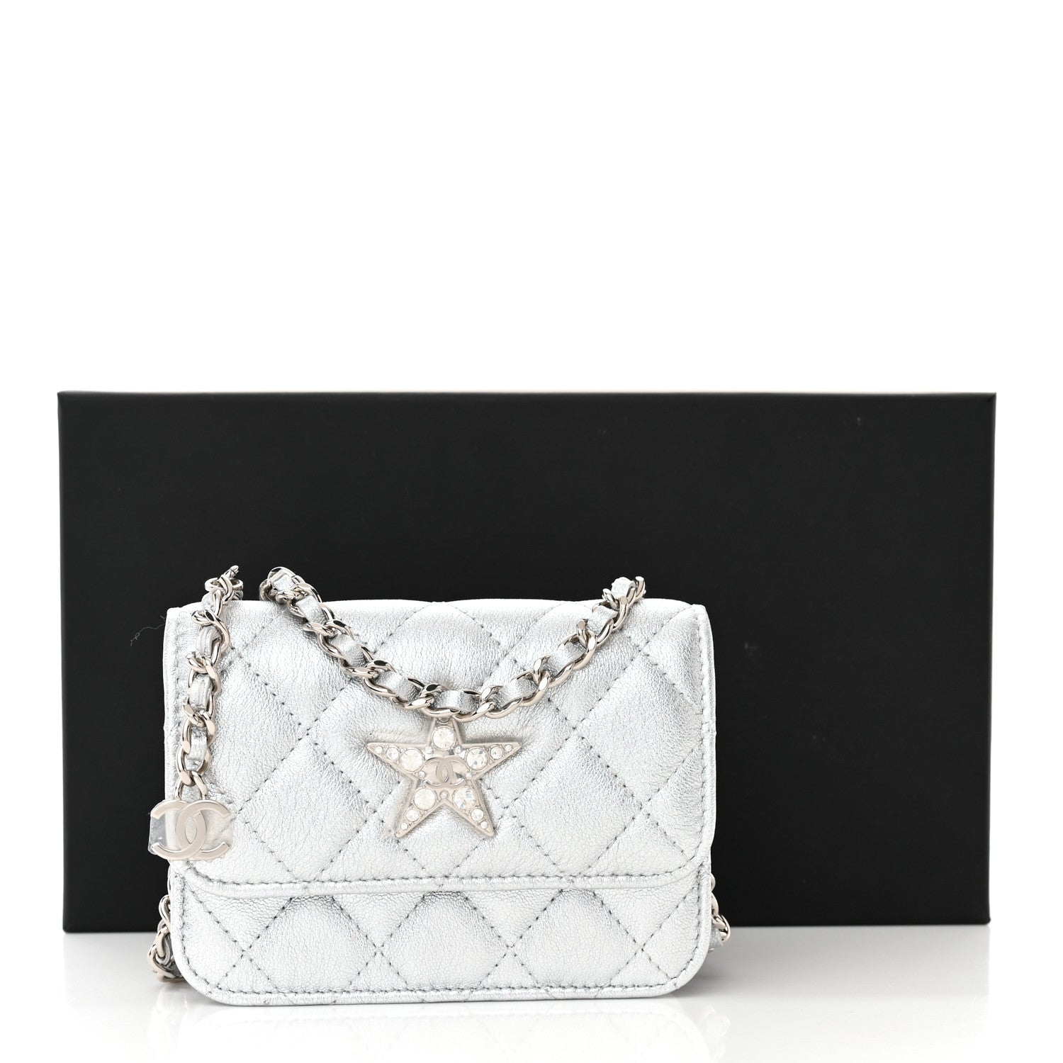 Chanel Metallic Goatskin Quilted Crystal CC Walk Of Fame Clutch With Chain Silver 13 of 13