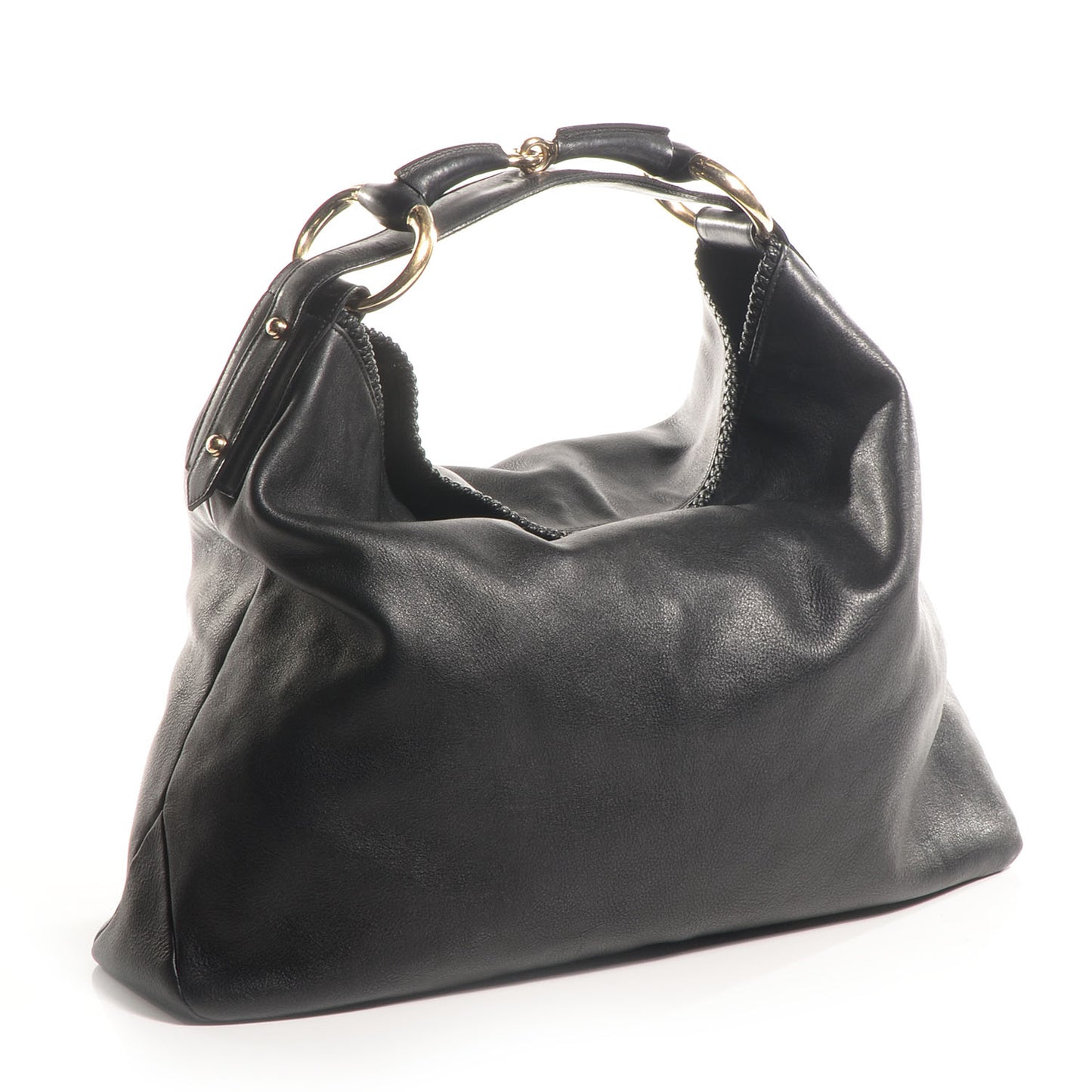 Leather Large Horsebit Chain Hobo Black