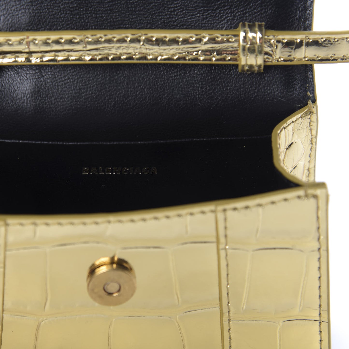 Metallic Calfskin Crocodile Embossed Hourglass Top Handle Bag Mini Gold
