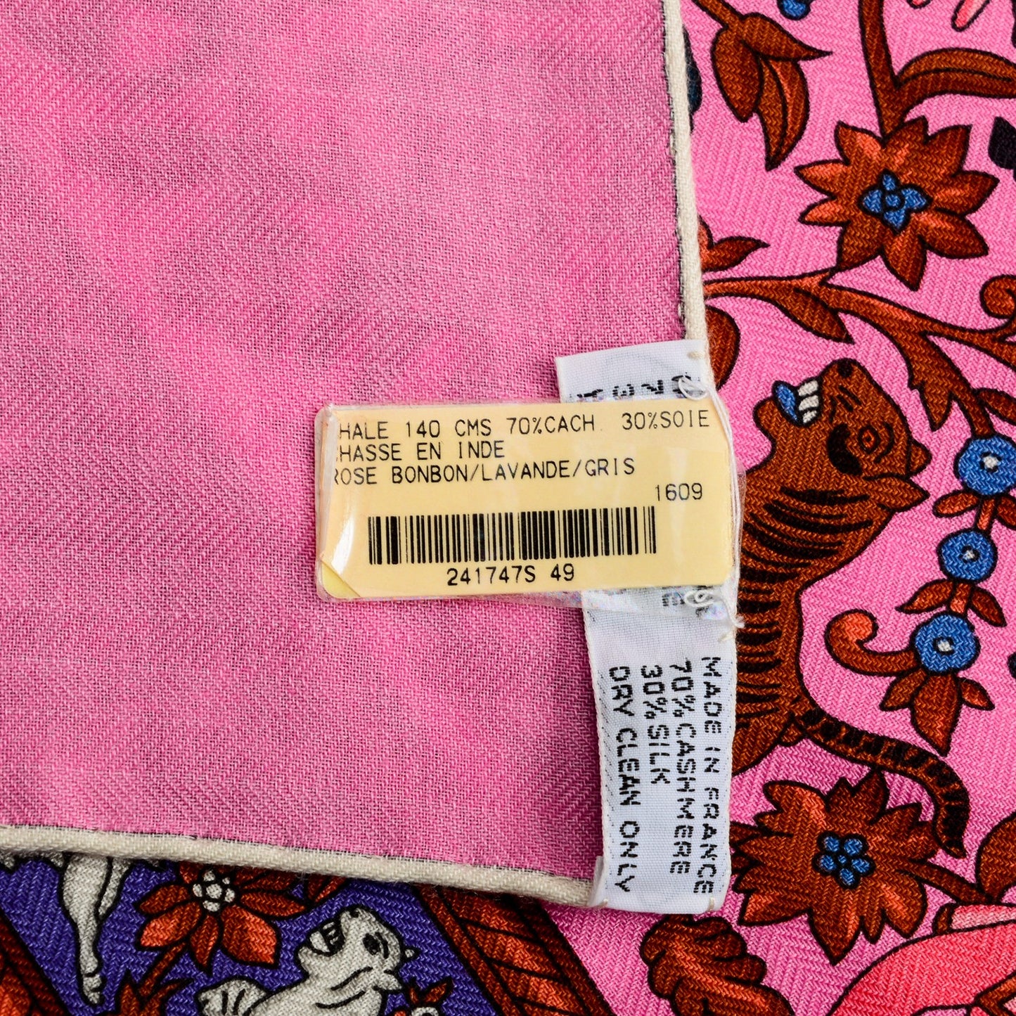 Cashmere Silk Chasse En Inde Shawl 140 Rose Bombon Lavande Gris