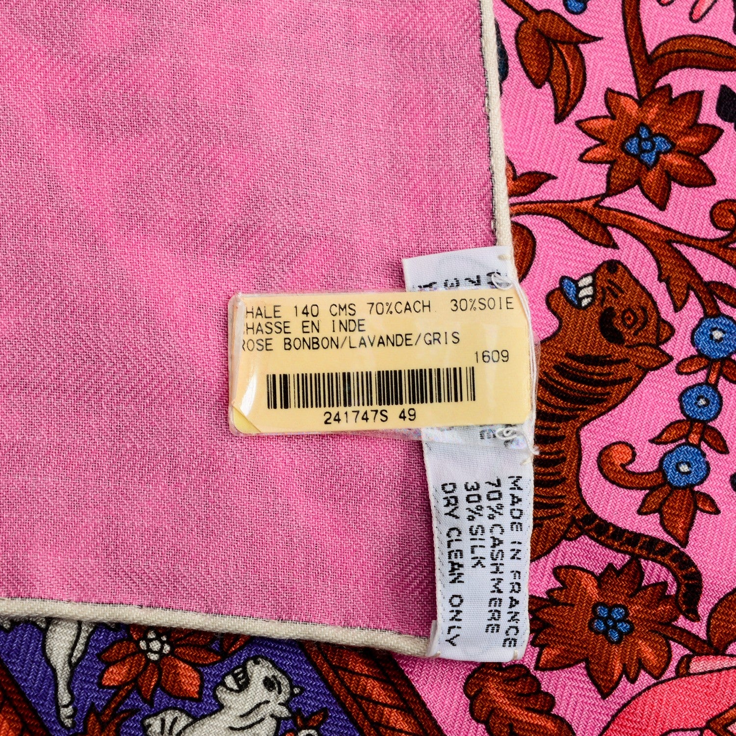 Hermes Cashmere Silk Chasse En Inde Shawl 140 Rose Bombon Lavande Gris 5 of 5