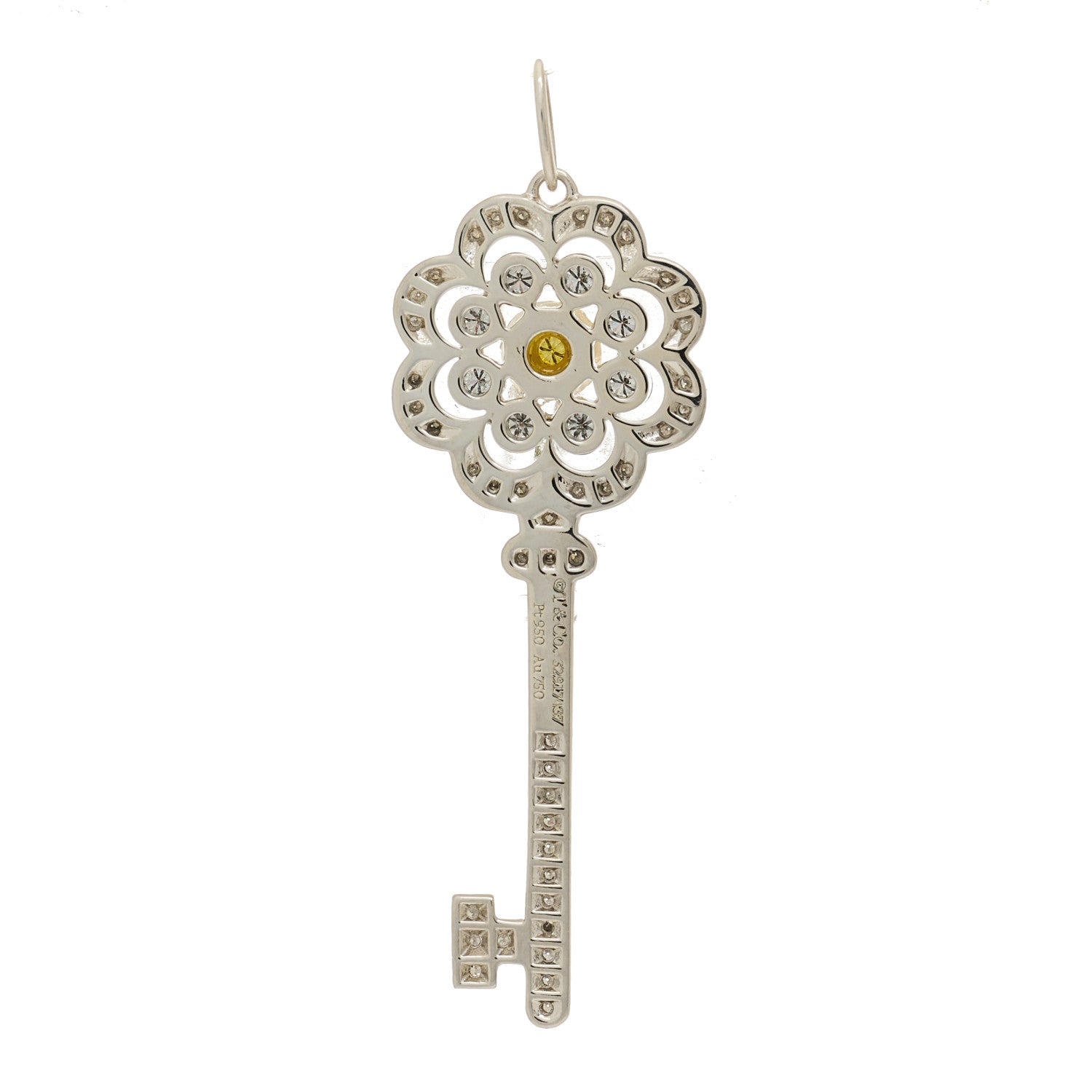 Tiffany Platinum 18K Yellow Gold Diamond Fancy Yellow Diamond Rose Key Pendant 3 of 4