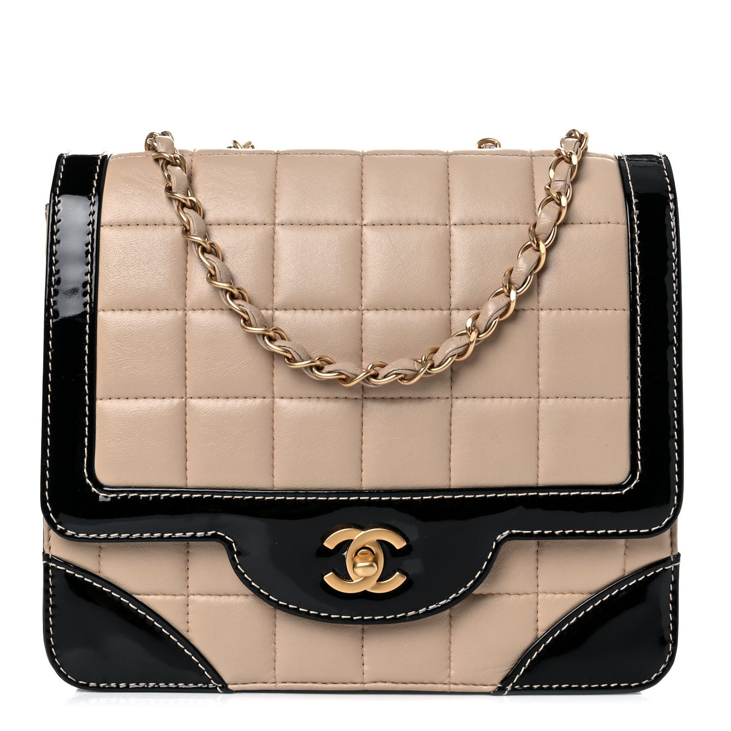Lambskin Patent Chocolate Bar Flap Beige Black