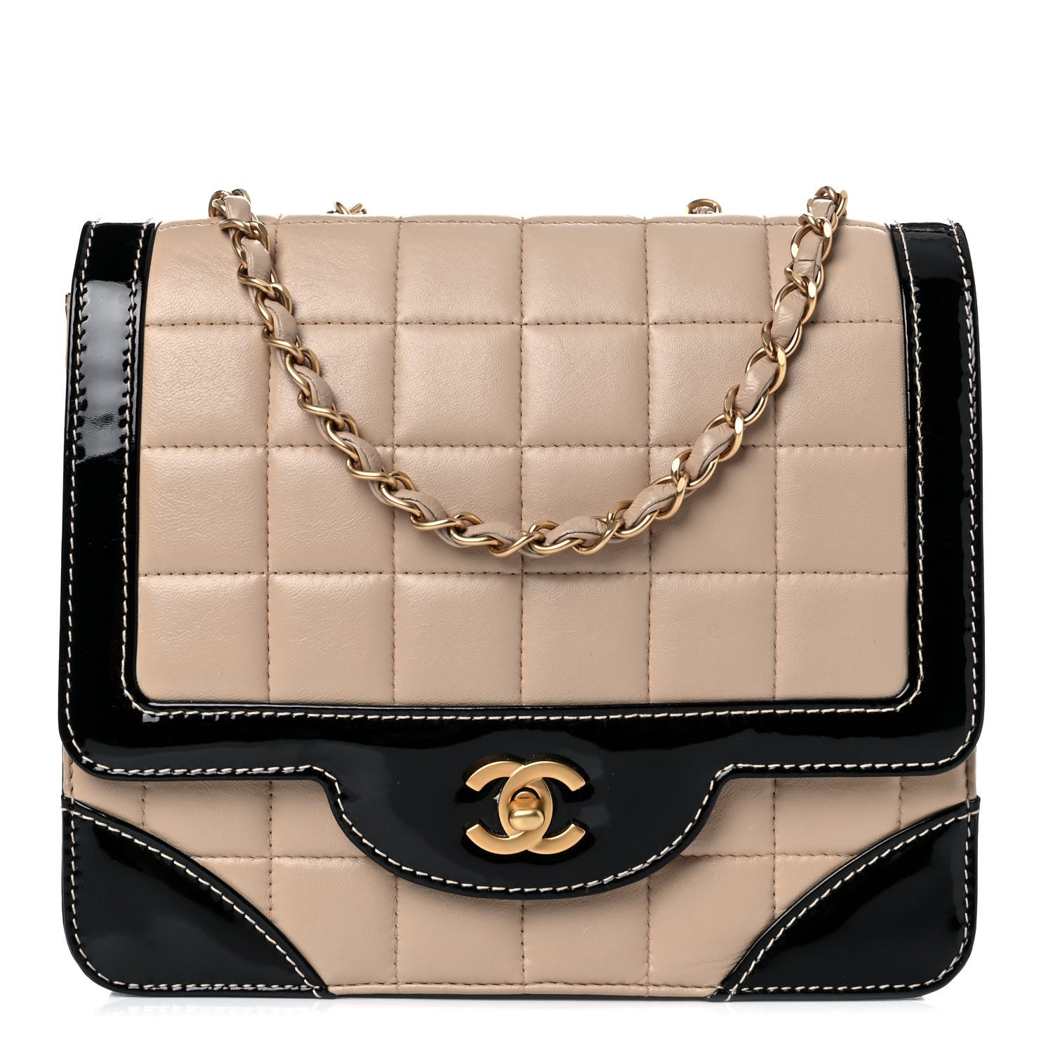 Chanel Lambskin Patent Chocolate Bar Flap Beige Black 1 of 15