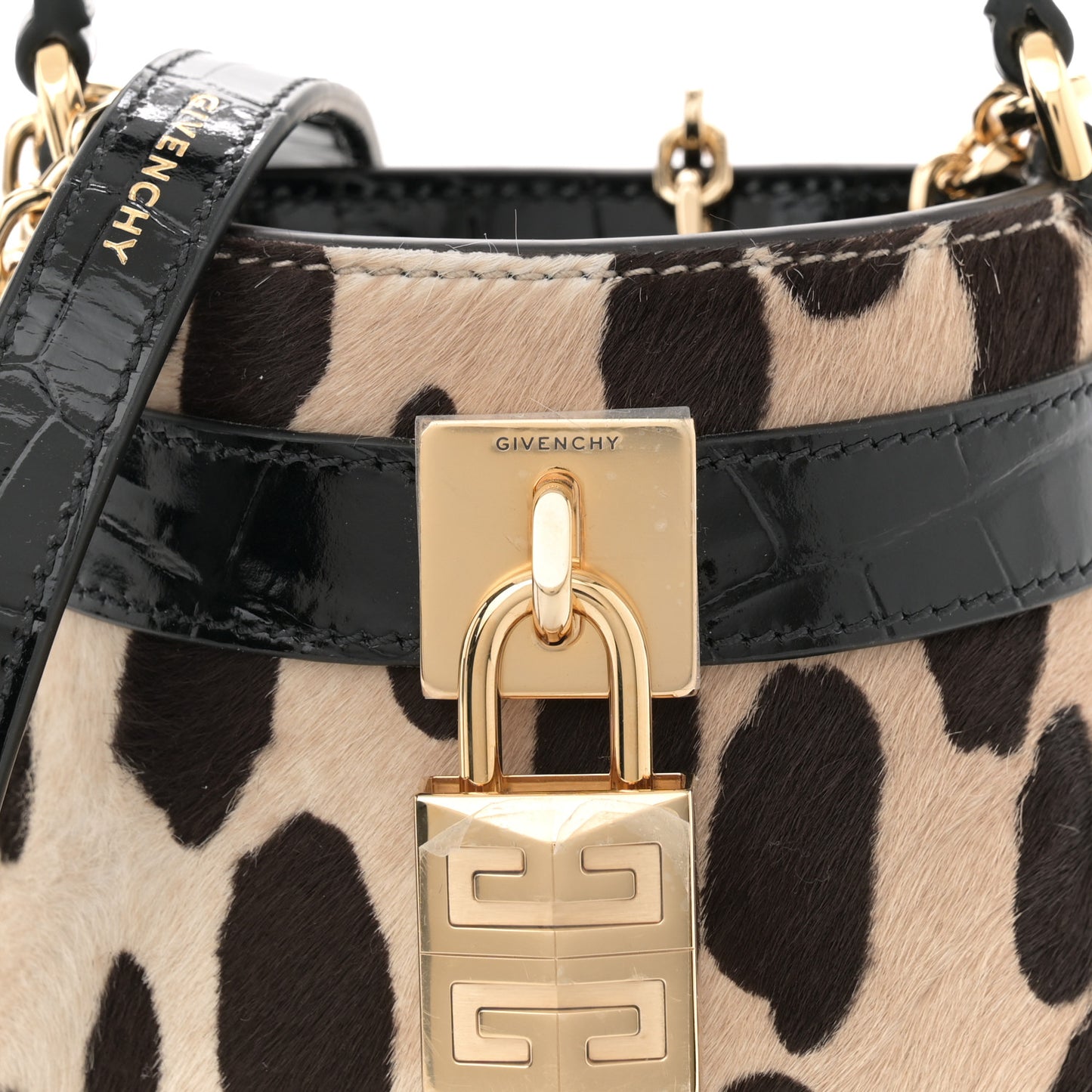 Pony Calfskin Micro Leopard Print Shark Lock Bucket Bag Black Beige