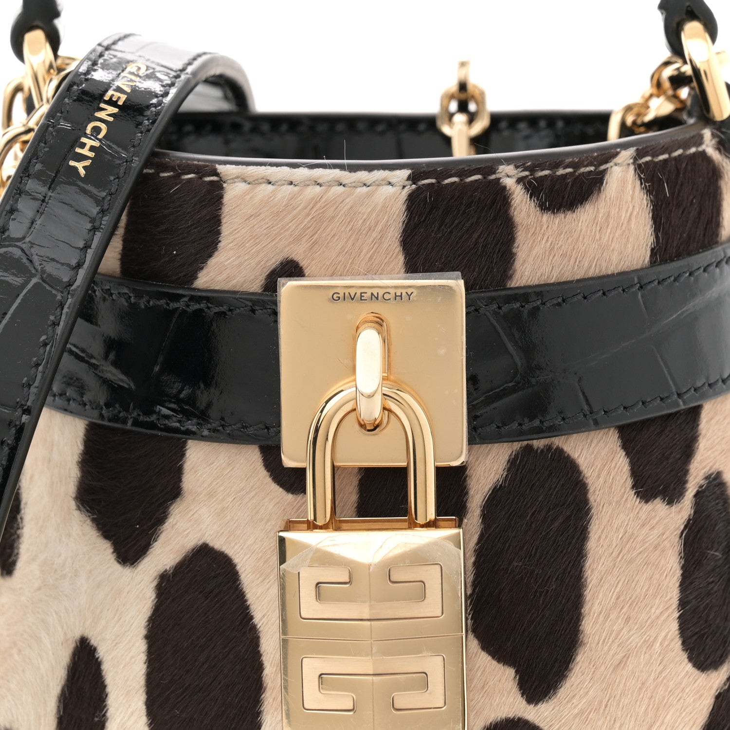 Givenchy Pony Calfskin Micro Leopard Print Shark Lock Bucket Bag Black Beige 8 of 10