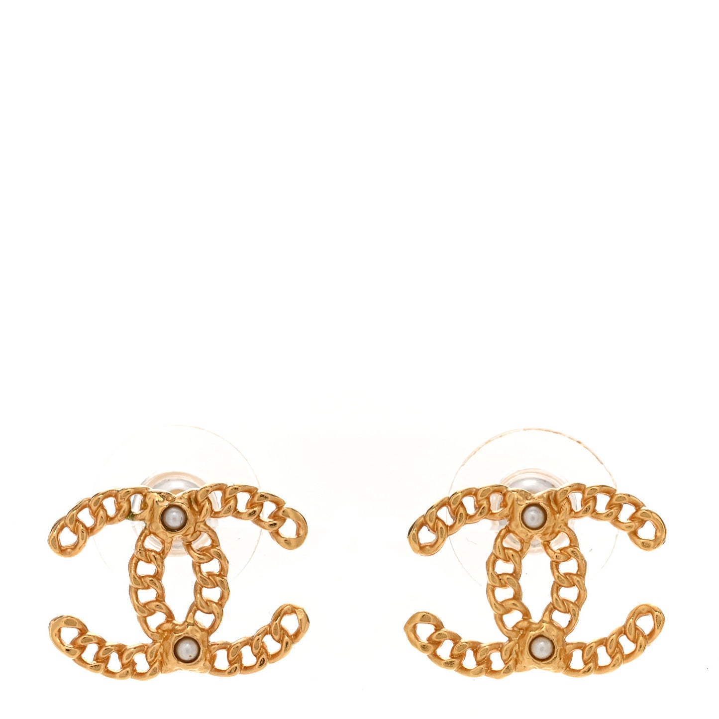 Metal Pearl CC Chain Link Earrings Light Gold