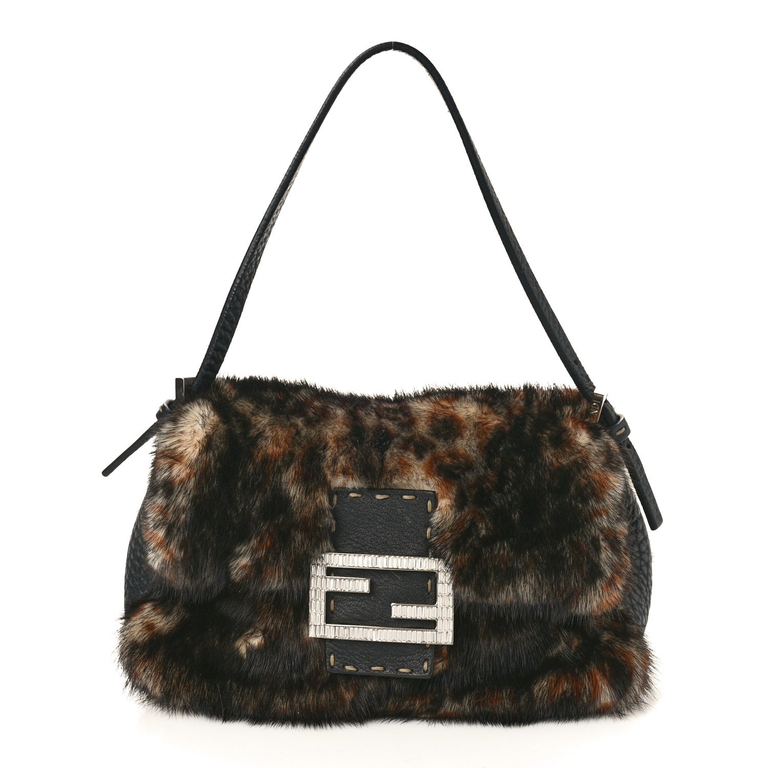 Fendi Cuoio Romano Selleria Rabbit Fur Crystal Mini Mama Baguette Black Multicolor 1 of 11
