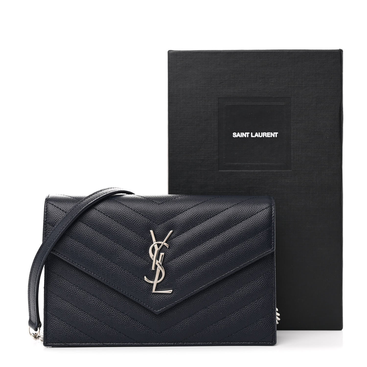 Saint Laurent Grain De Poudre Matelasse Chevron Monogram Envelope Chain Wallet Navy 12 of 12