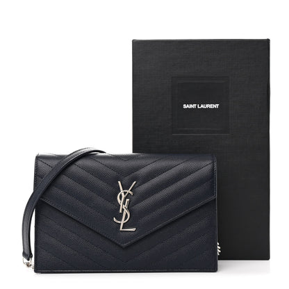 Saint Laurent Grain De Poudre Matelasse Chevron Monogram Envelope Chain Wallet Navy 12 of 12