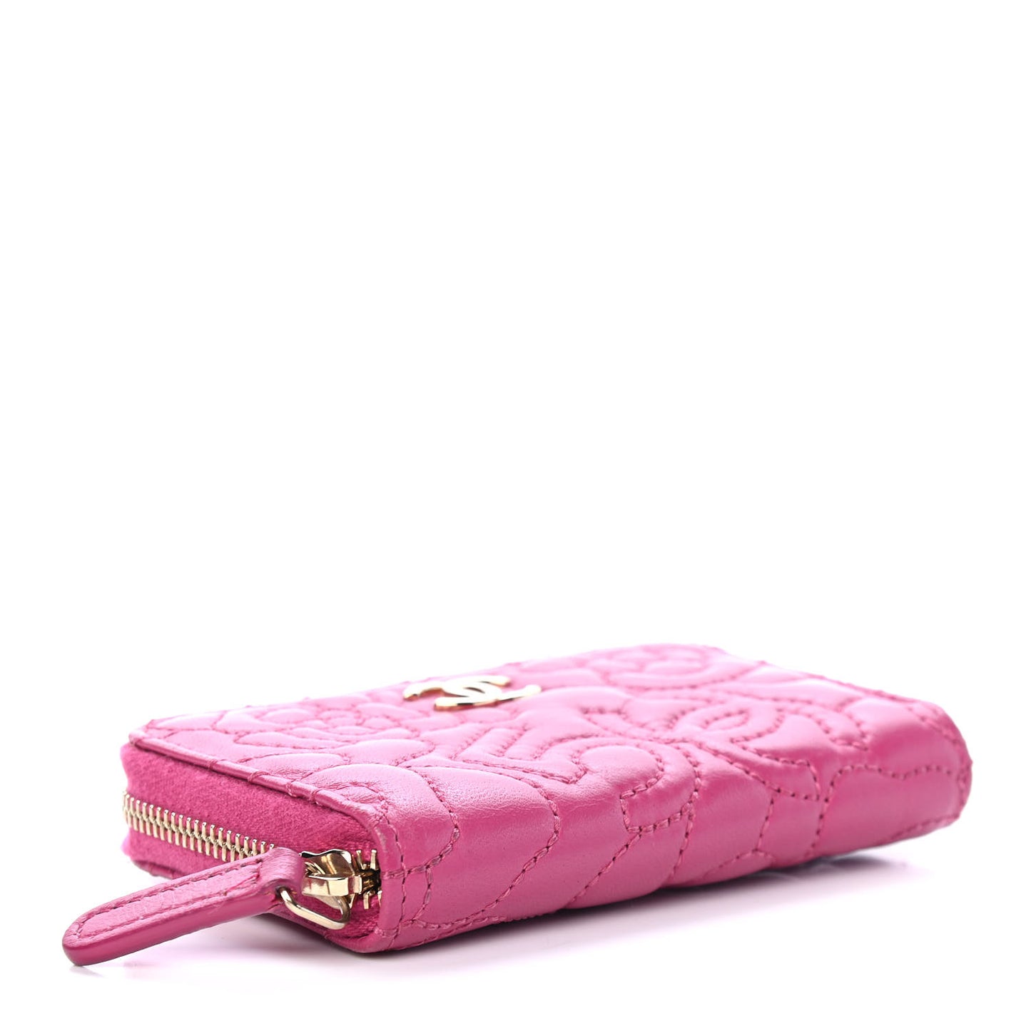 Lambskin Camellia Embossed Zip Coin Purse Fuchsia
