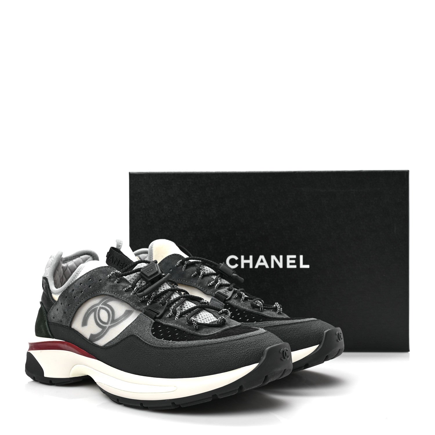 Chanel Fabric Suede Calfskin Mesh Womens CC Sneakers 41 Black Grey White 9 of 9