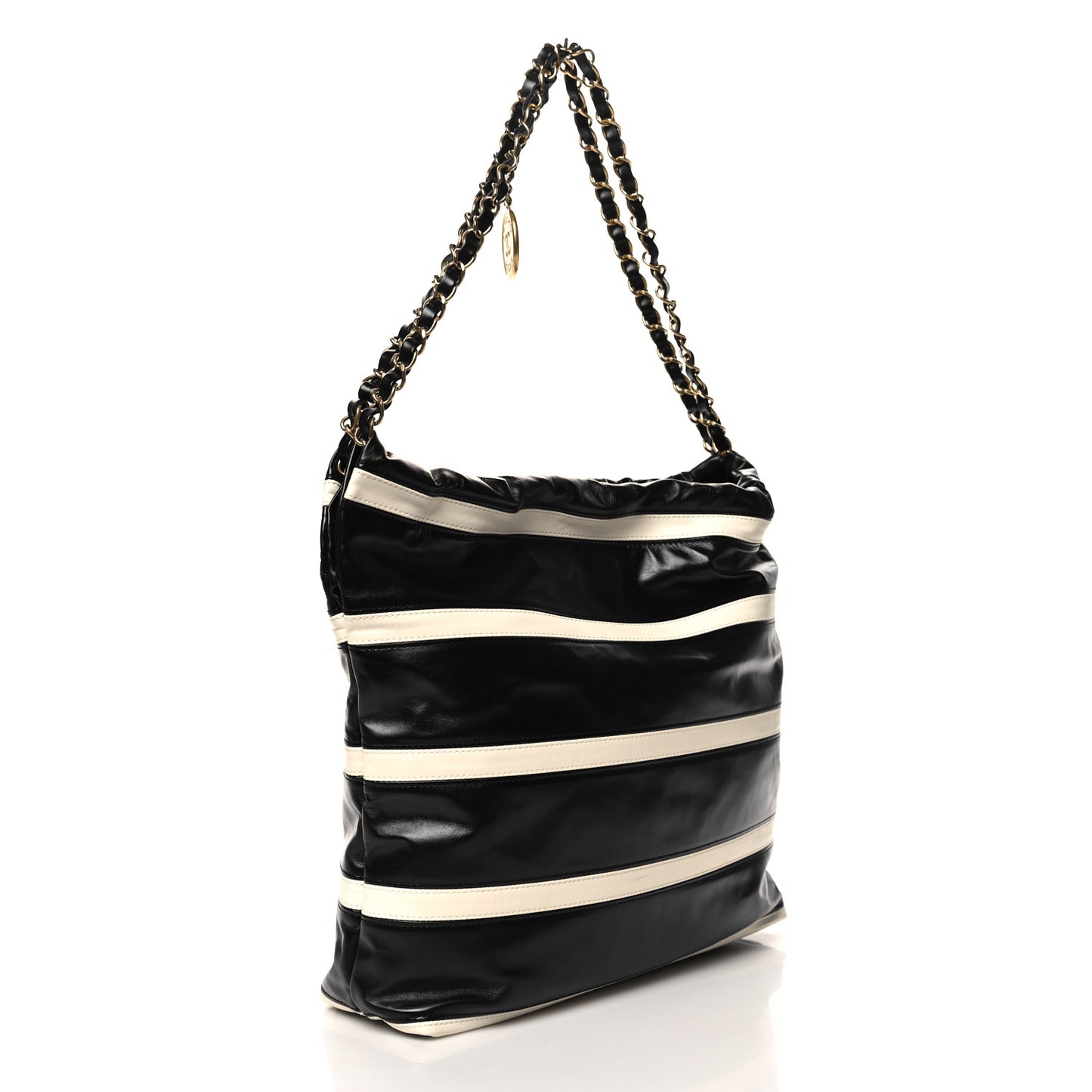 Shiny Calfskin Striped Small Chanel 22 Black White