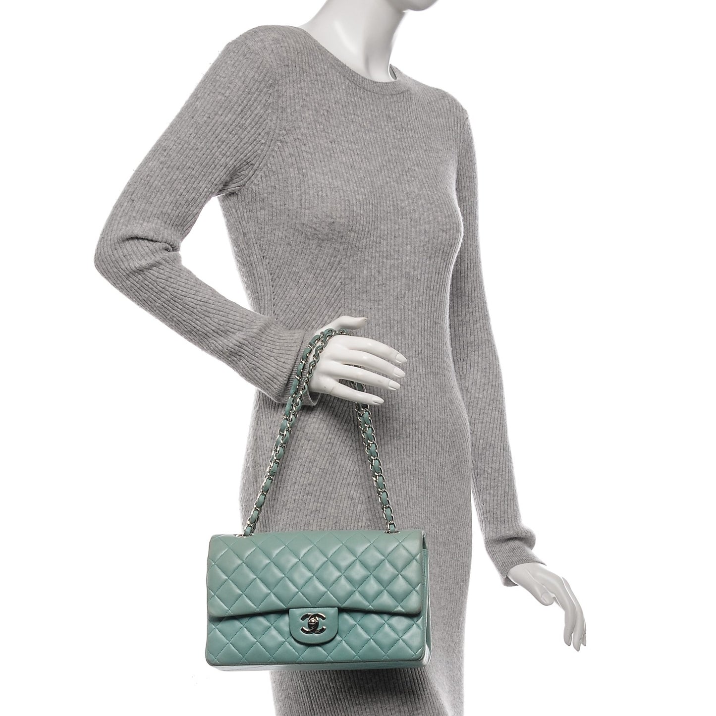 Lambskin Quilted Medium Double Flap Light Green