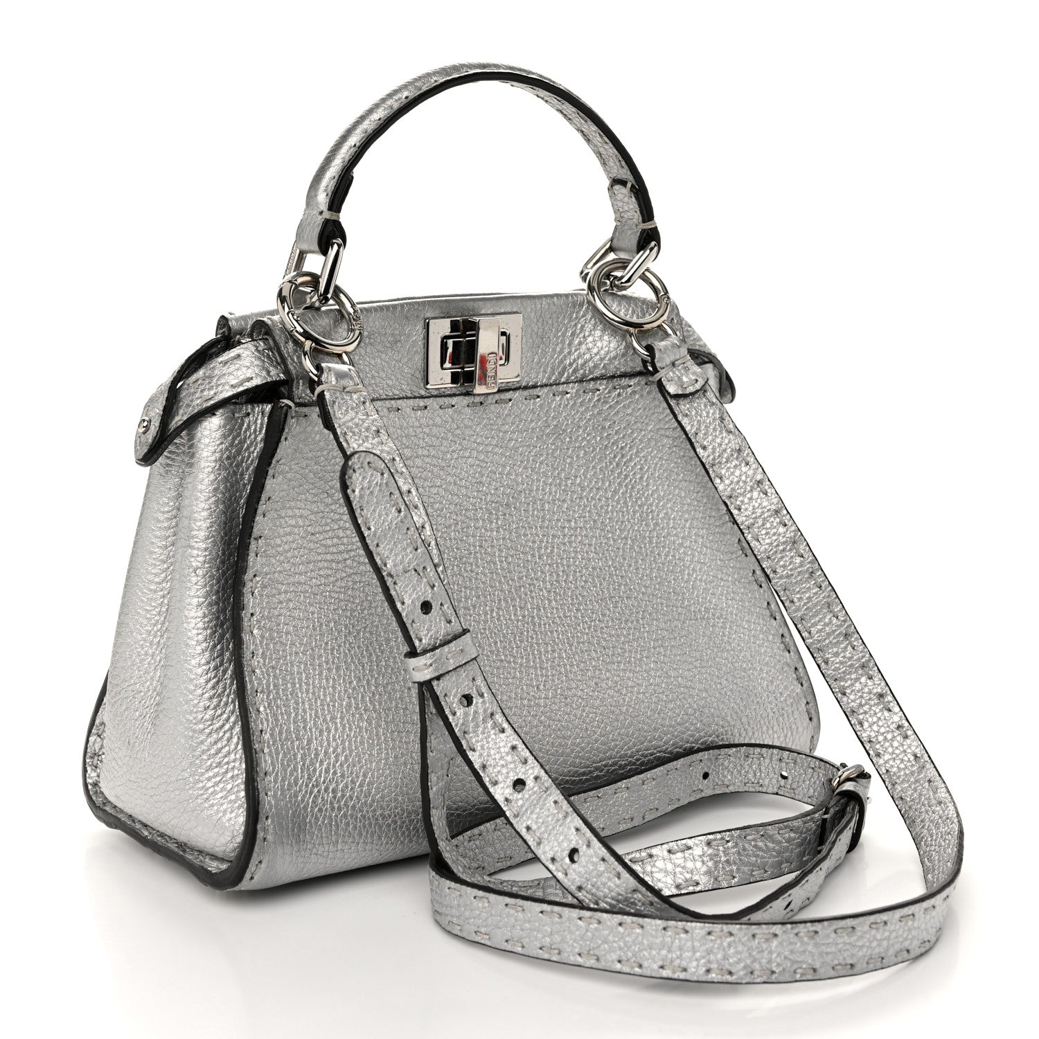 Fendi Cuoio Romano Lux Selleria Mini Peekaboo Iconic Satchel Argento 3 of 9