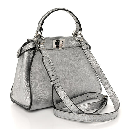 Fendi Cuoio Romano Lux Selleria Mini Peekaboo Iconic Satchel Argento 3 of 9