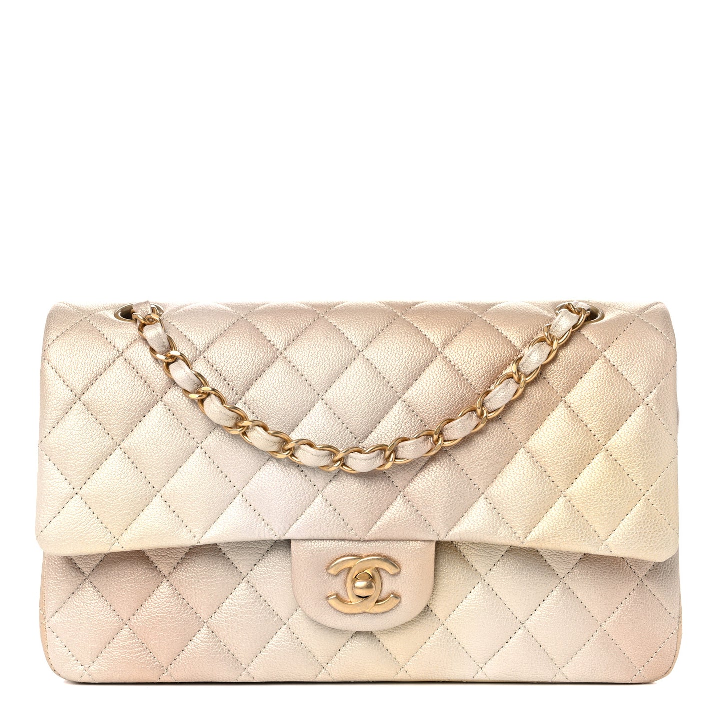 Metallic Goatskin Quilted Ombre Medium Double Flap Gold