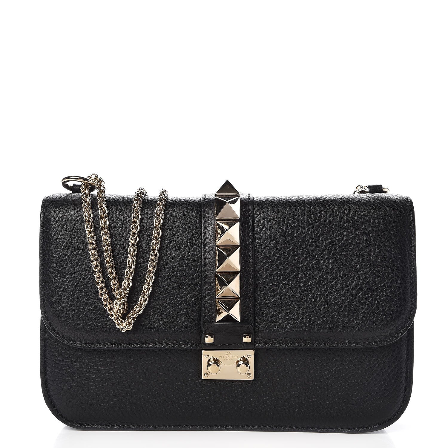 Valentino Garavani Pebbled Calfskin Medium Glam Lock Rockstud Flap Black 1 of 6