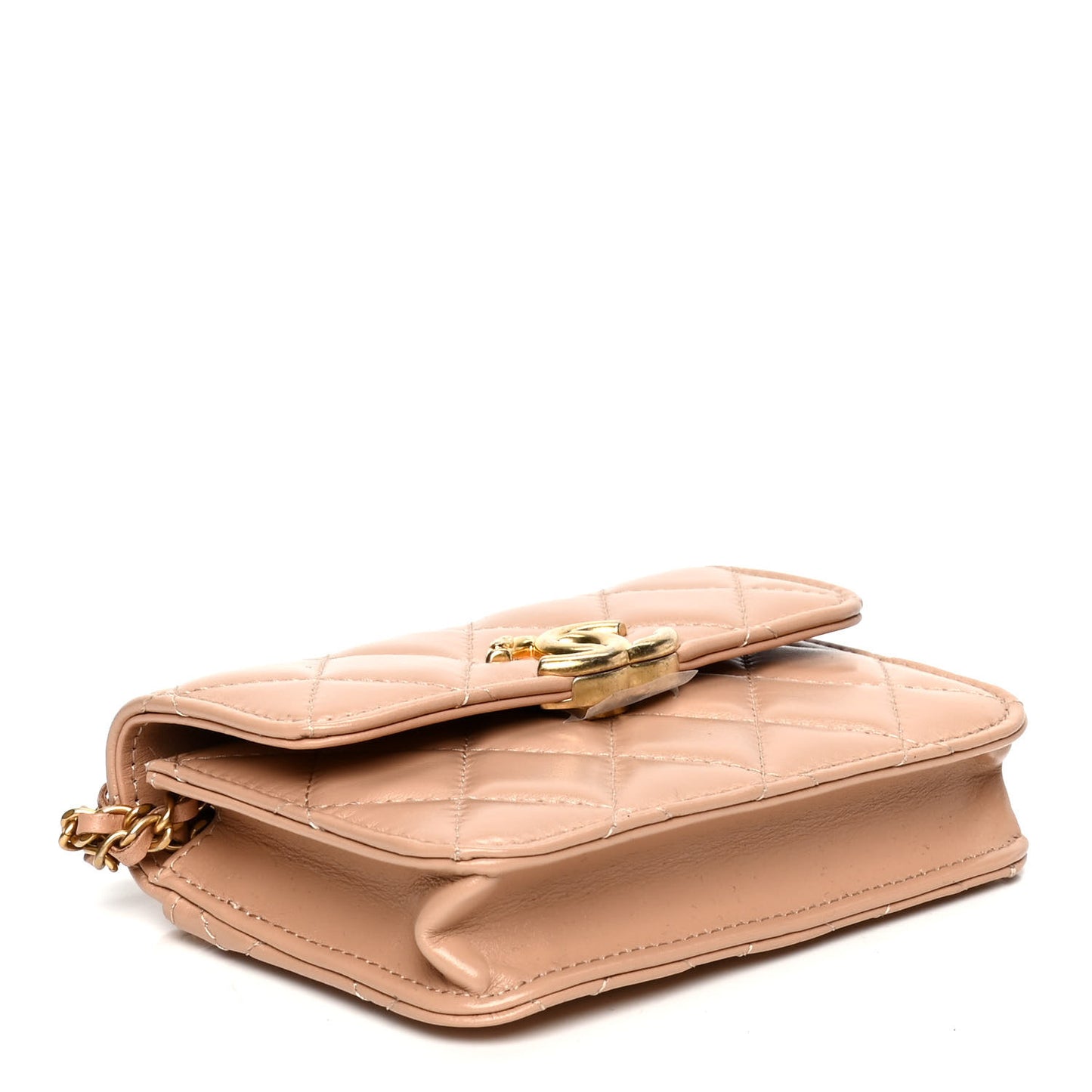 Calfskin Quilted Perfect Fit Coin Purse With Chain Beige