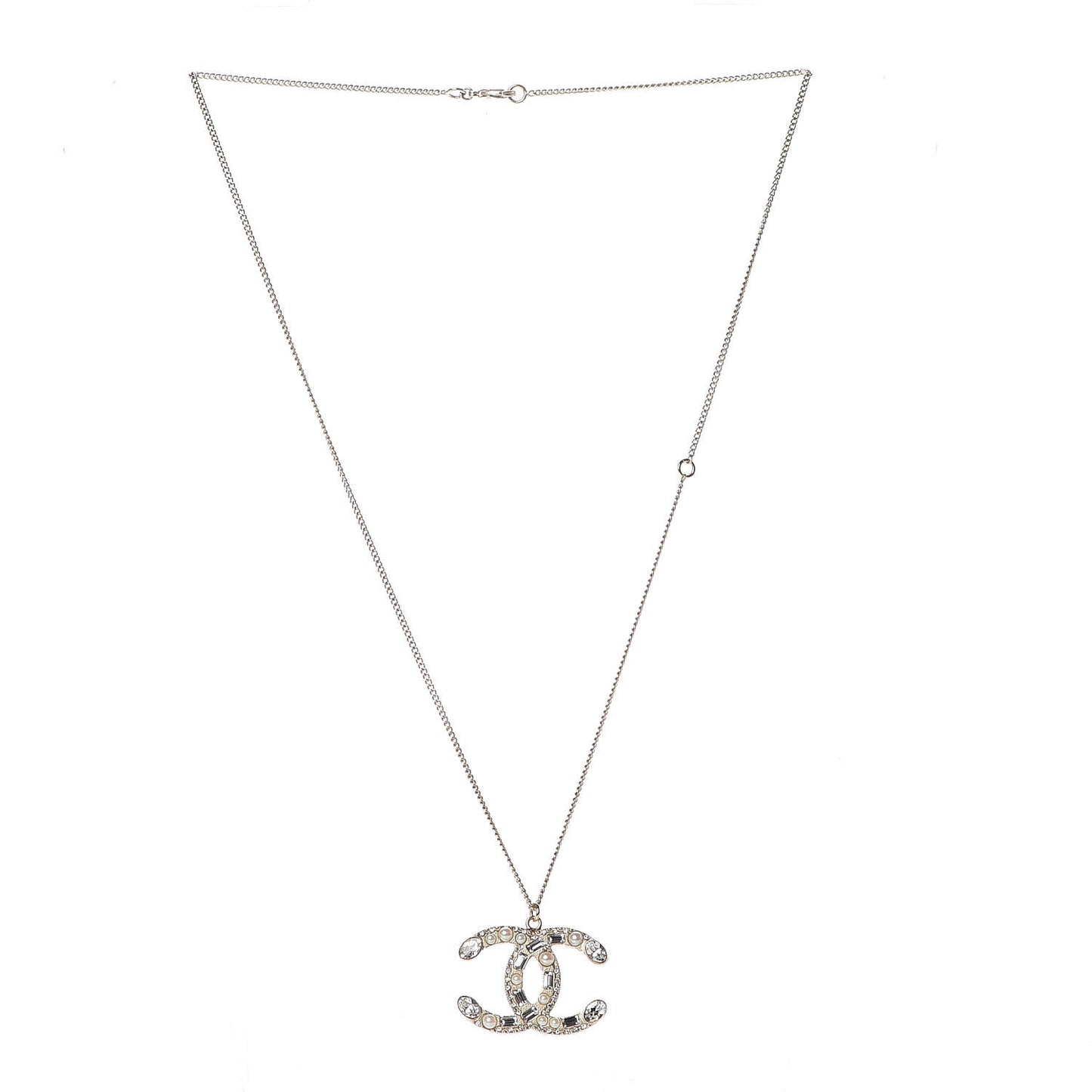Pearl Crystal Baguette CC Long Necklace Gold