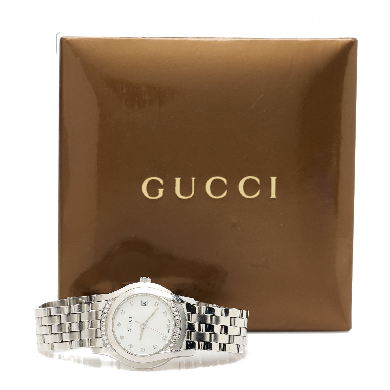 Gucci Stainless Steel Diamond Bezel Mother of Pearl 27mm 5500L Quartz Watch 5 of 5