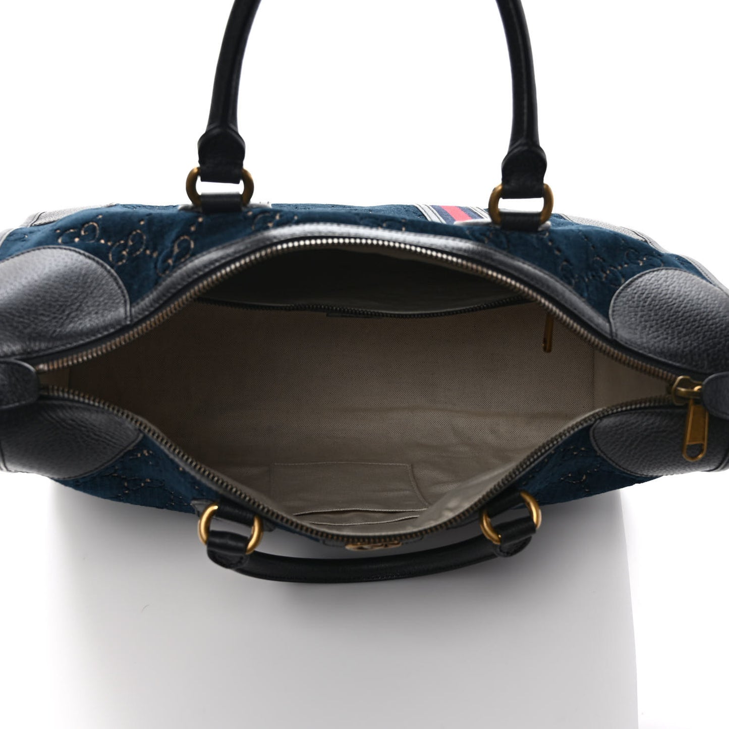 Velvet GG Monogram Textured Calfskin Web Medium Duffle Bag Blue Beige Black