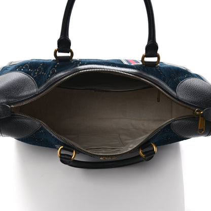 Gucci Velvet GG Monogram Textured Calfskin Web Medium Duffle Bag Blue Beige Black 5 of 11