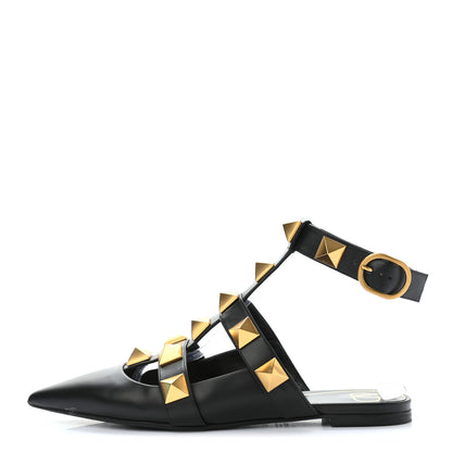 Valentino Garavani Calfskin Roman Stud Ankle Strap Flat Mules 39.5 Black 1 of 10