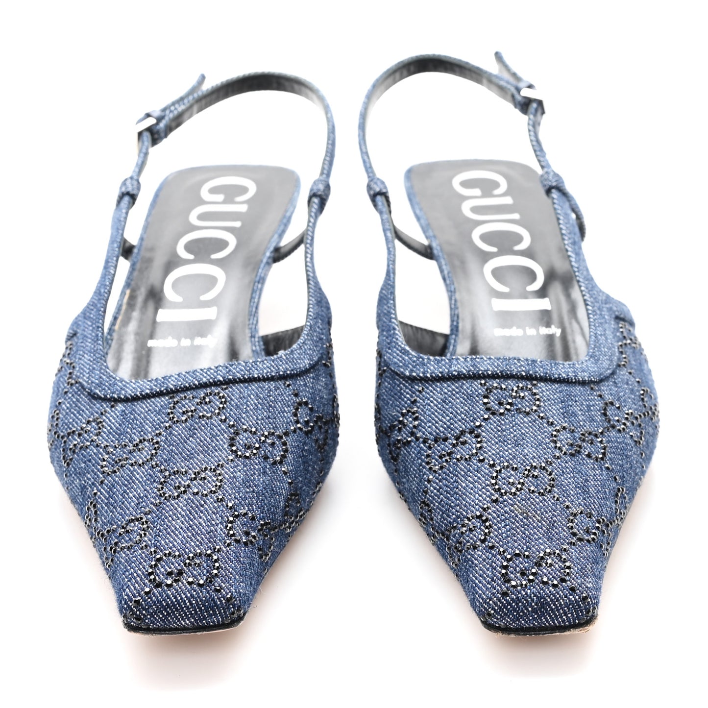 Denim GG Monogram Malaga Kid Crystal Square G 35mm Slingback Pumps 40 Blue