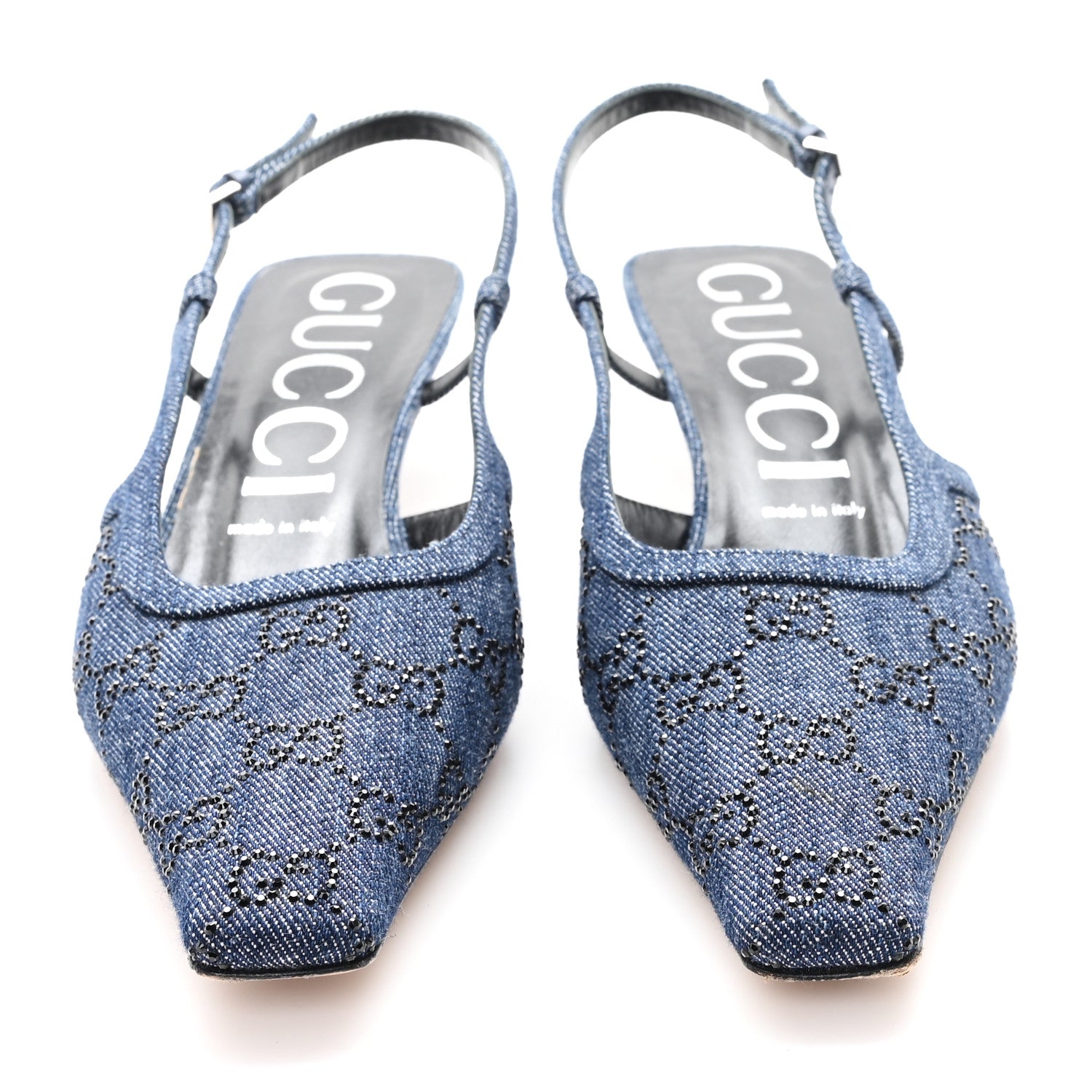 Gucci Denim GG Monogram Malaga Kid Crystal Square G 35mm Slingback Pumps 40 Blue 3 of 9