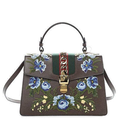 Gucci Calfskin Embroidered Medium Sylvie Top Handle Bag New Acero Multicolor 1 of 10