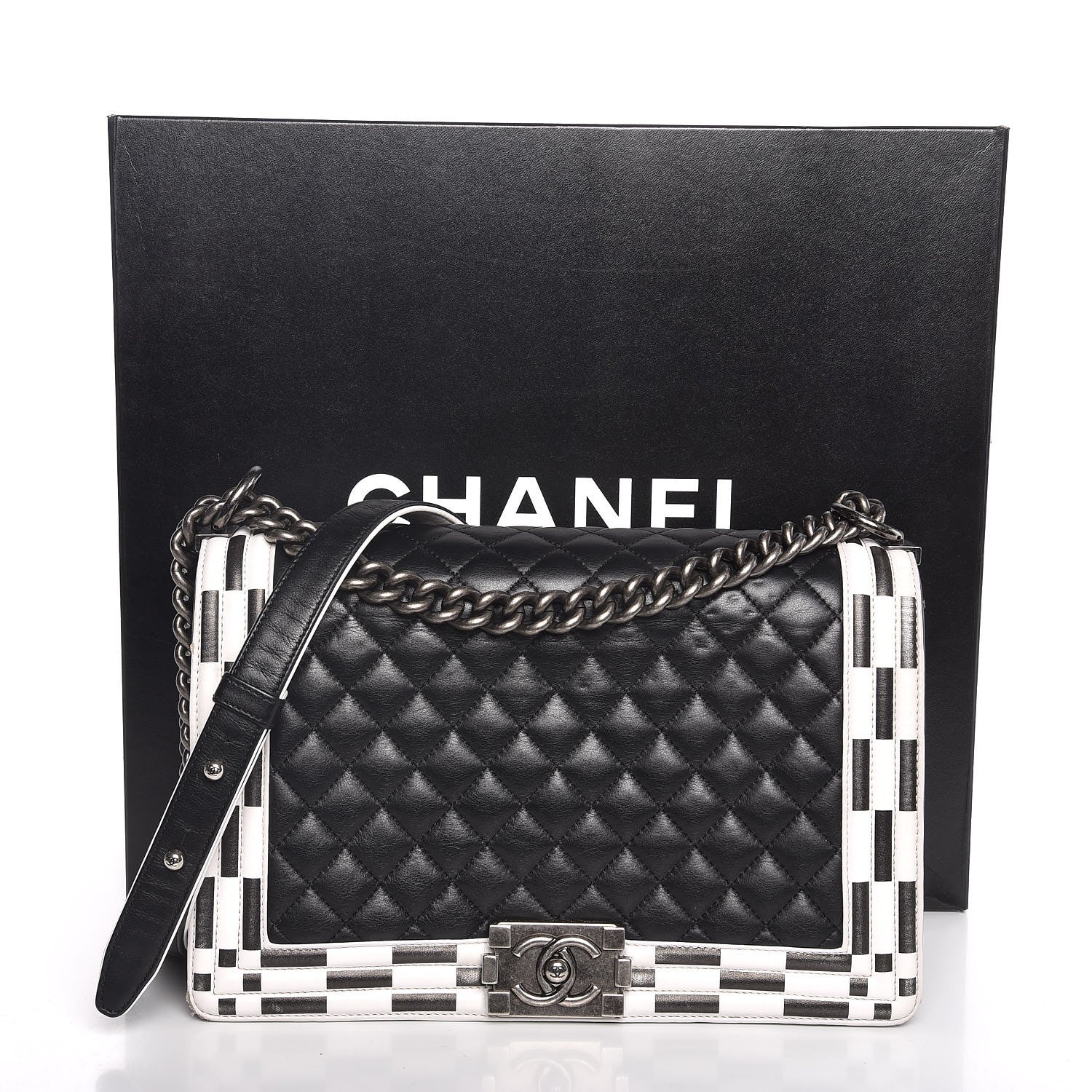 Chanel Calfskin Quilted Checkerboard Trim New Medium Boy Flap Black White 13 of 13