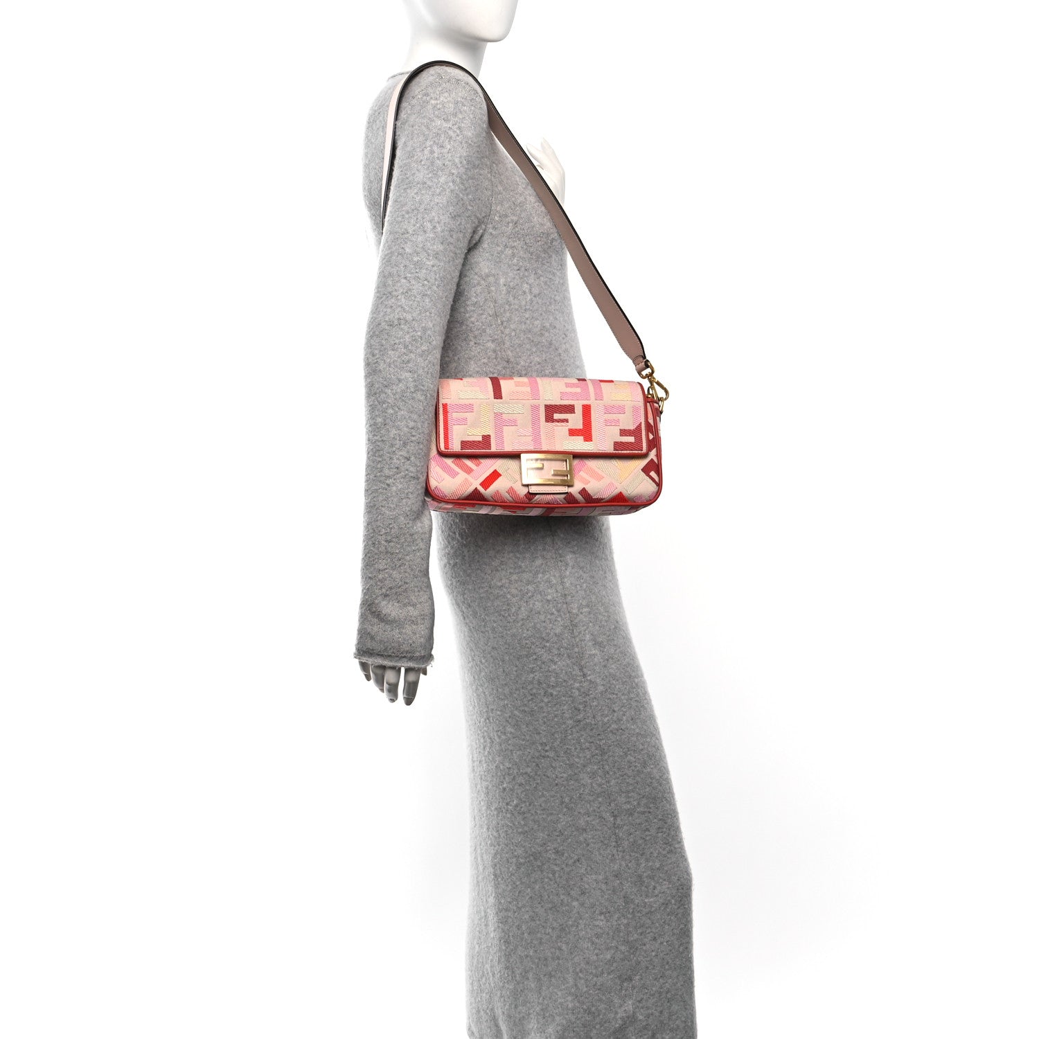 Fendi Canvas Vitello King FF Embroidered Baguette Rosa Quarzo Bloody Mary Multicolor 2 of 9