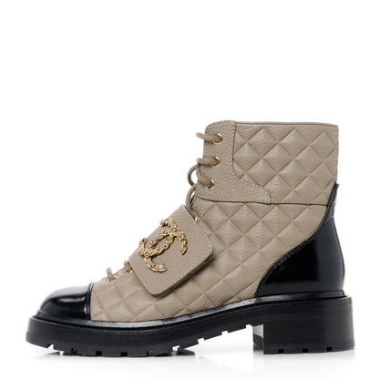 Chanel Calfskin Shiny Calfskin Quilted Lace Up Combat Boots 38 Dark Beige Black 1 of 9