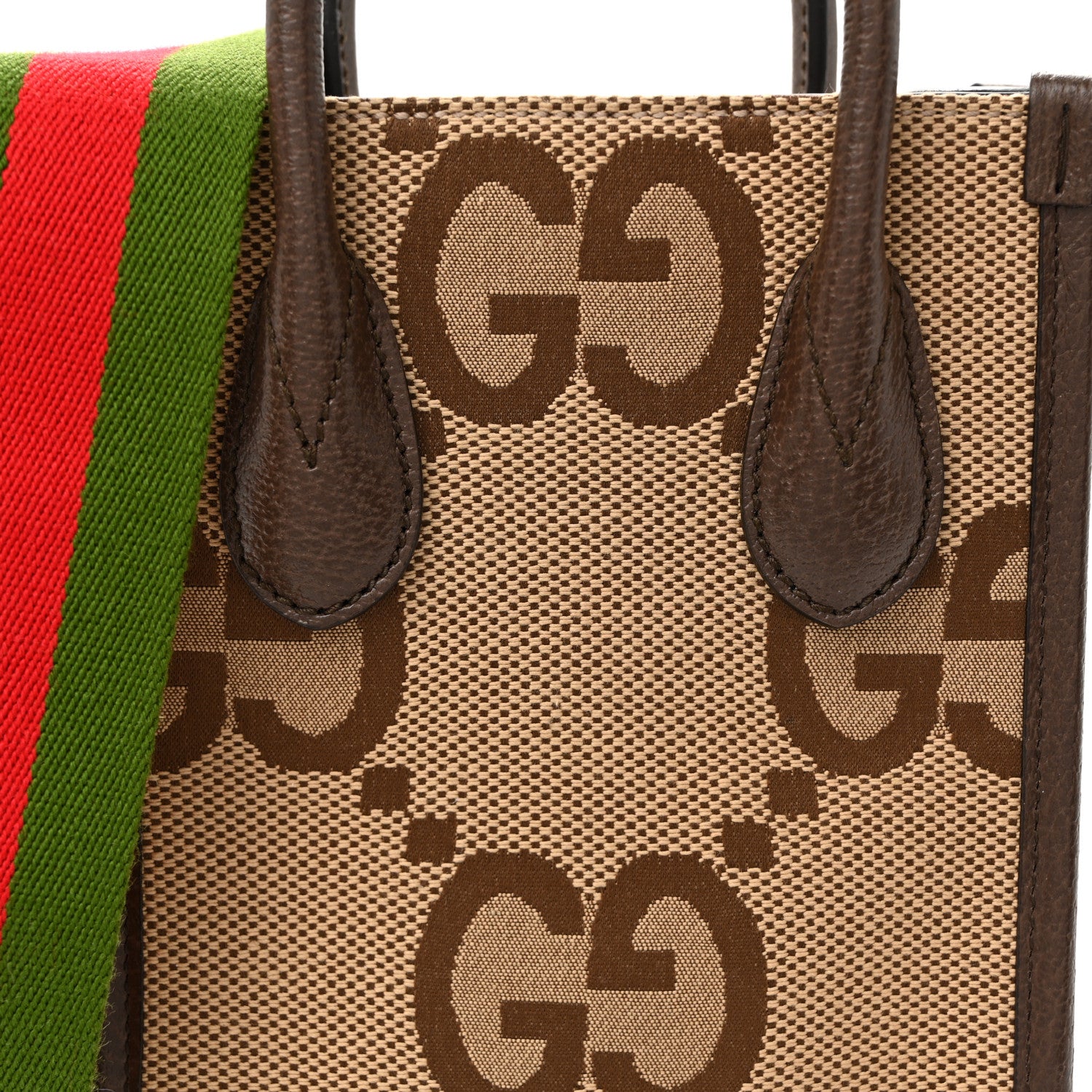 Gucci Monogram Jumbo GG Textured Dollar Calfskin Web Mini Vertical Tote Camel Ebony New Acero 7 of 9