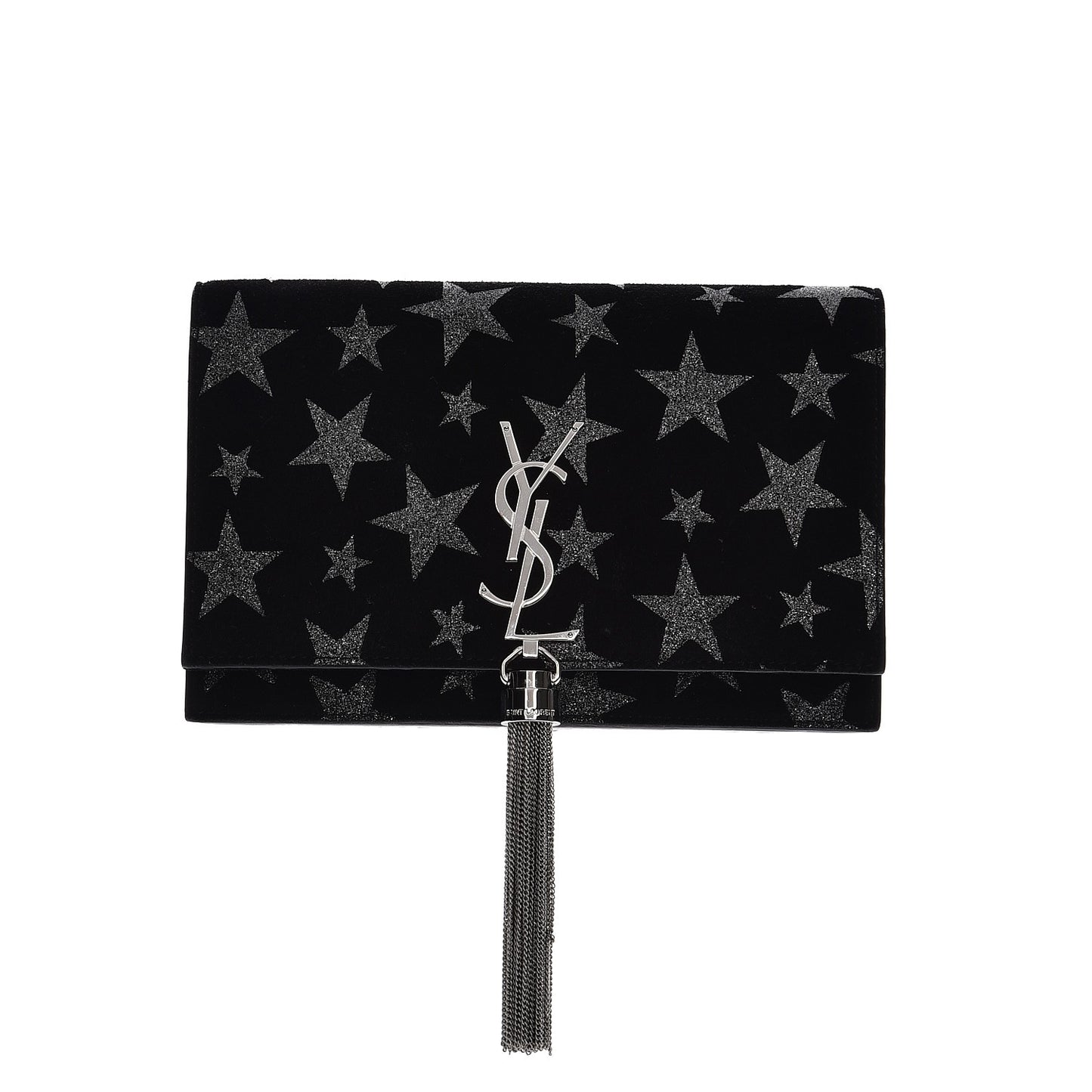 Suede Calfskin Monogram Tassel Stars Chain Wallet Black