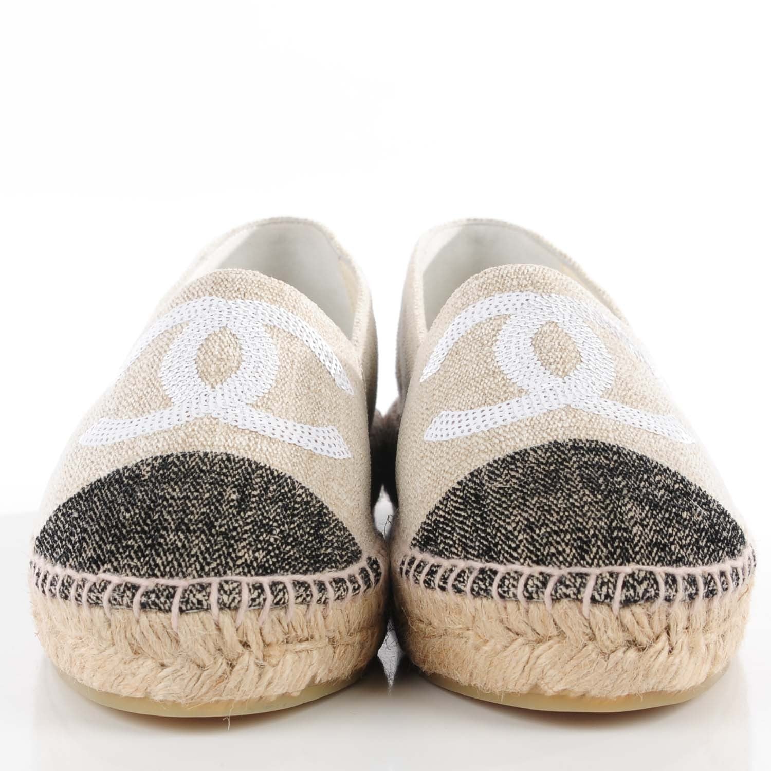 Chanel Toile Sequin CC Espadrilles 38 Beige Black 4 of 18
