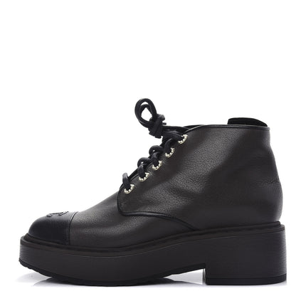 Chanel Goatskin Pearl Lace Up CC Short Boots 40 Brown Black 1 of 11